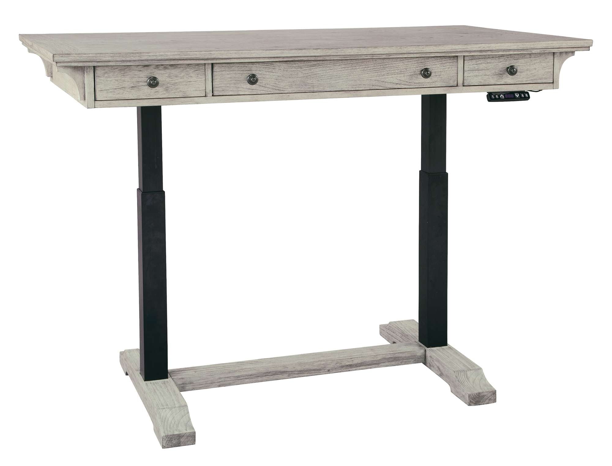 Adjustable height desk with mindi veneer top, three drawers, black metal legs, and electric height control panel