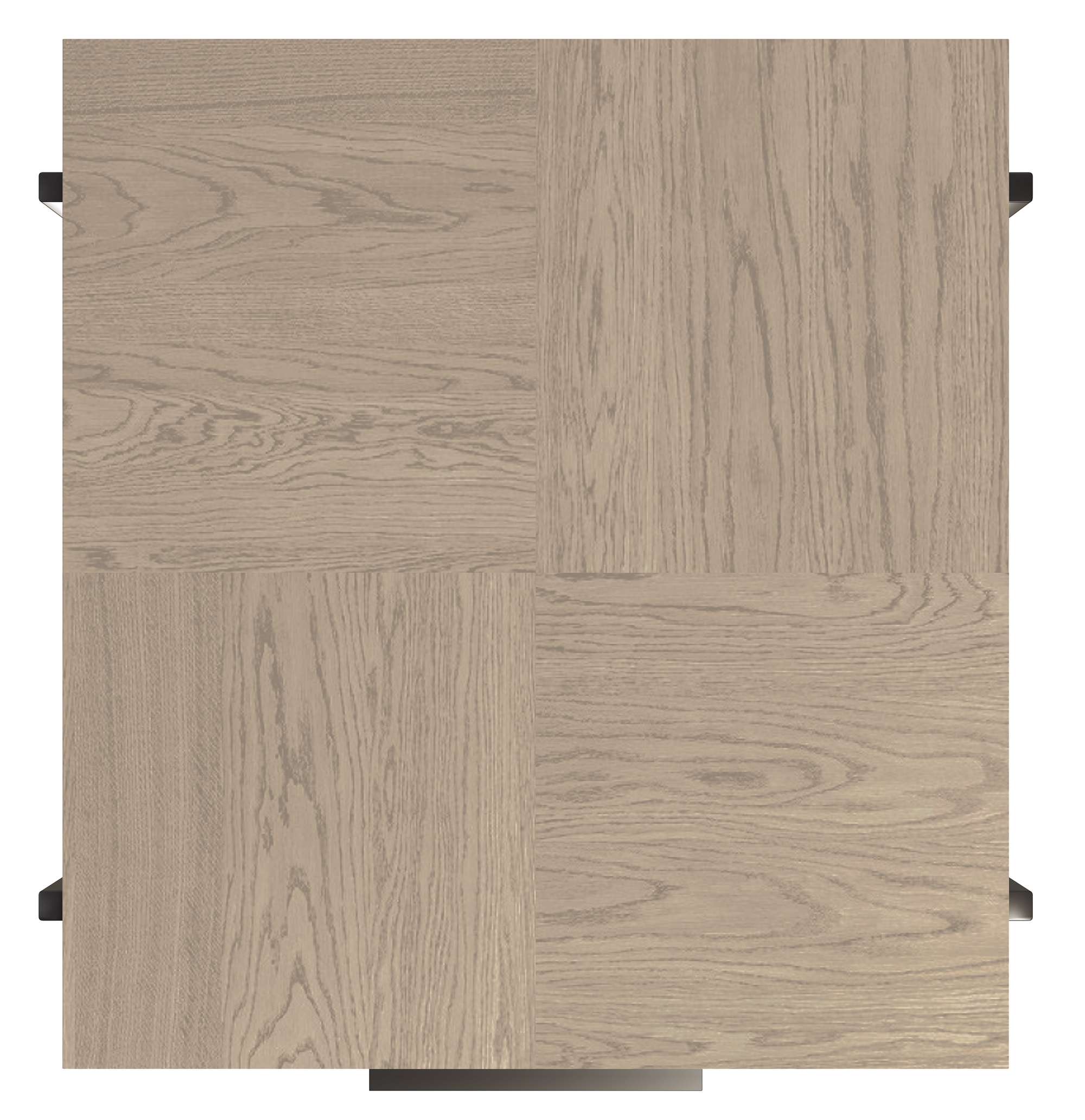 Rectangular Mayfield End Table top with parquet veneer oak finish and visible metal leg corners from above