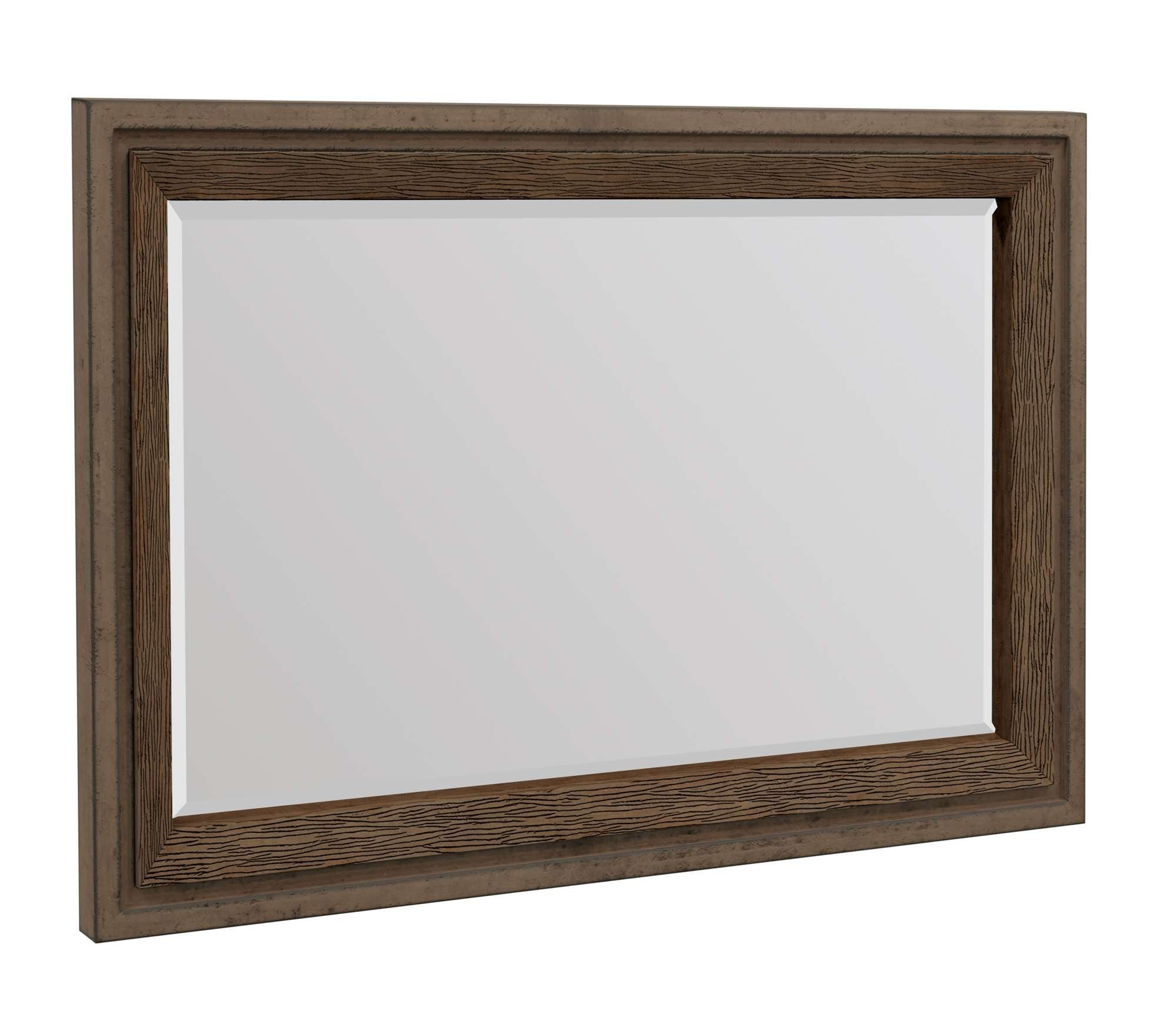 Organic Living Mirror with beveled edge, rectangular shape, and textured wooden frame in warm brown finish