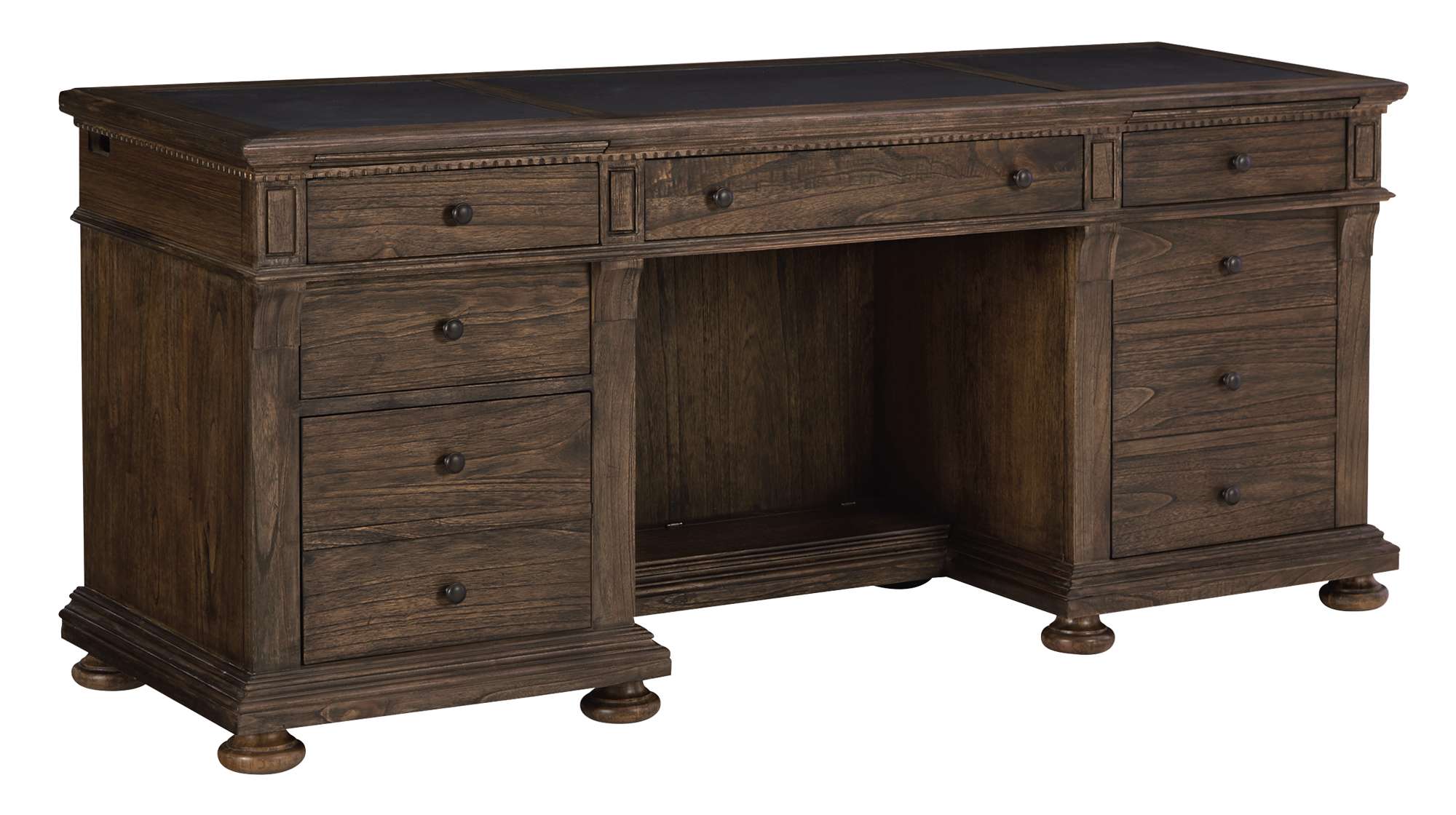 Wellington Estates executive credenza with leather-paneled wood top, mindi veneers, file drawer, box drawers, and rustic brass hardware