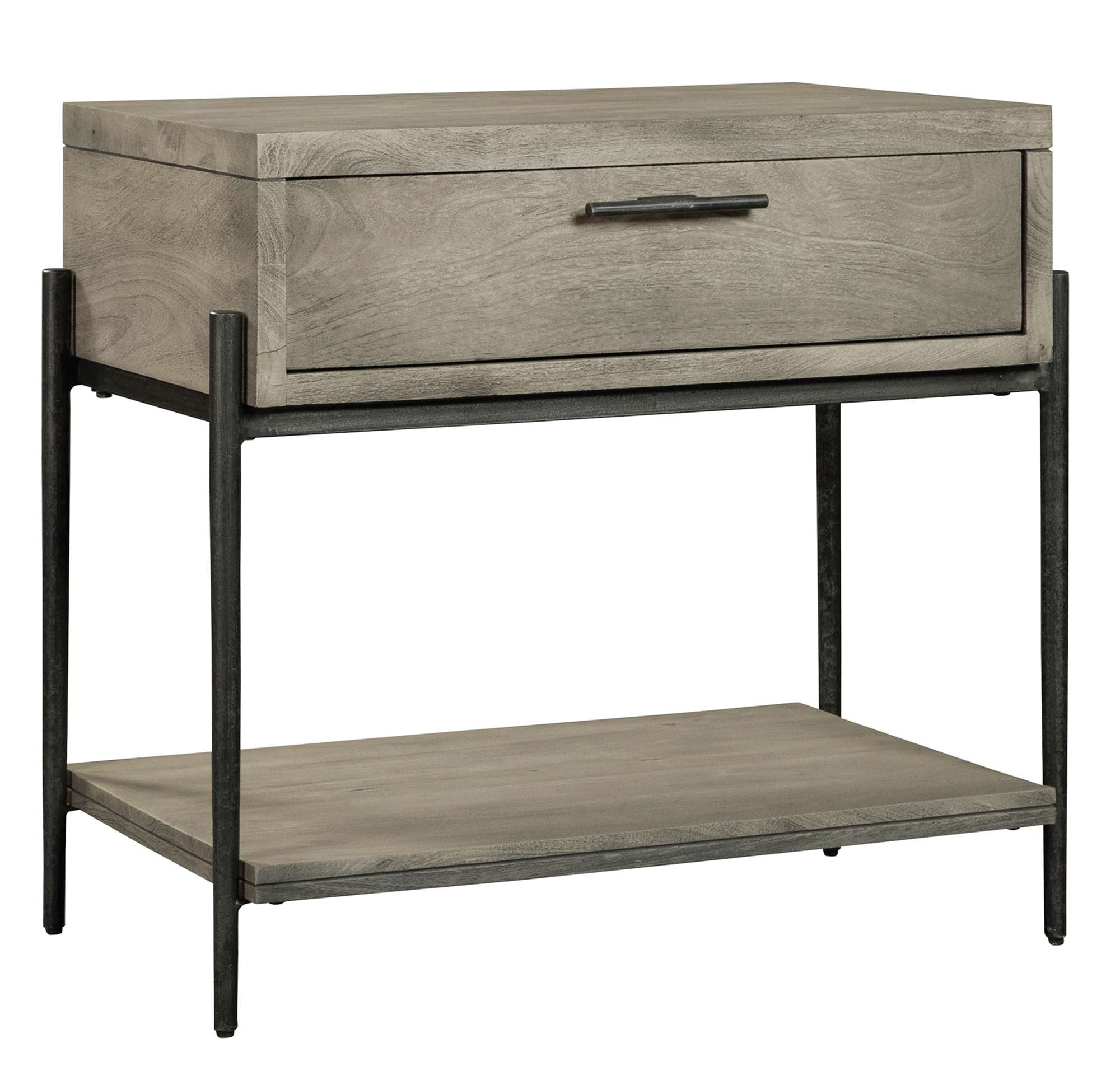 Bedford Park single drawer nightstand with solid mango wood top and shelf, black metal frame, and minimalist design