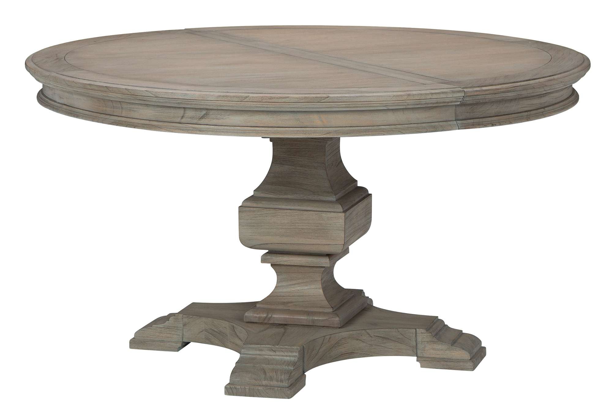 Wellington Estates round dining table with driftwood finish, molded edge mindi veneer top, and hand-turned urn pedestal base