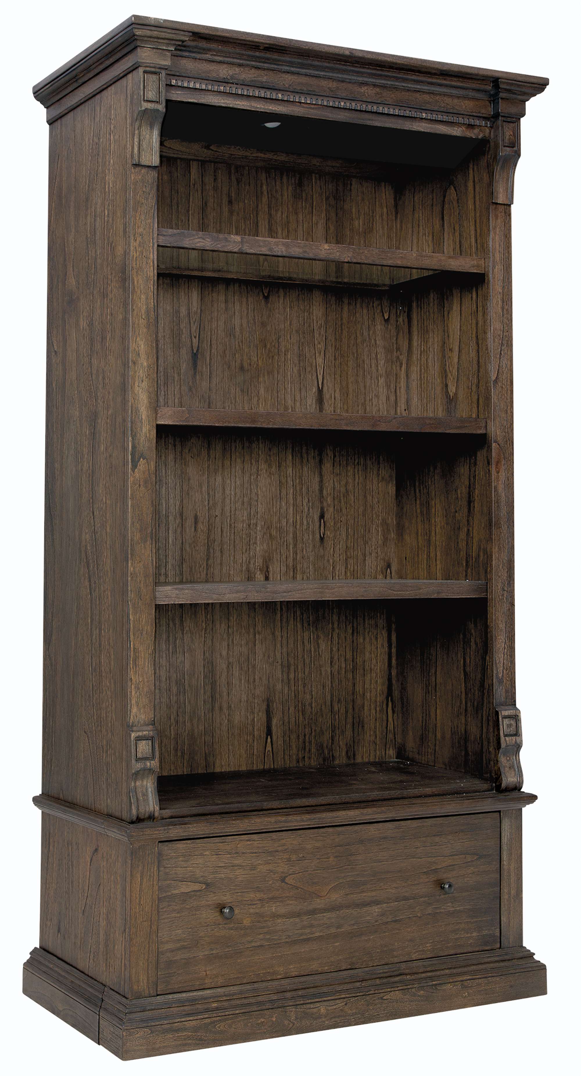 Wellington Estates Office Executive Center Bookcase with dark mindi wood, three shelves, file drawer, and rustic brass hardware