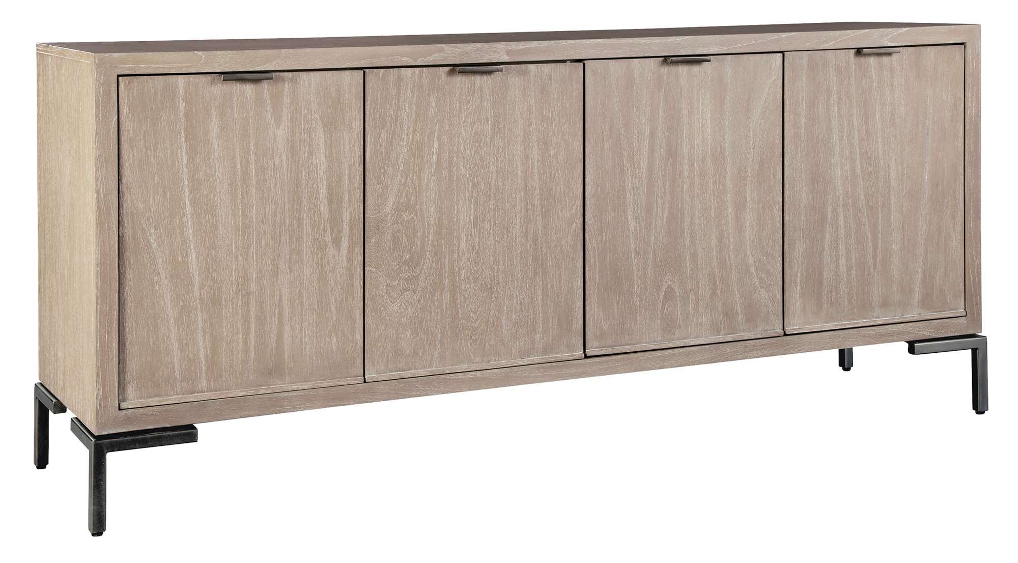 Scottsdale entertainment console with mindi veneer and solids, four doors, single shelves, aged iron tab pulls, and metal legs