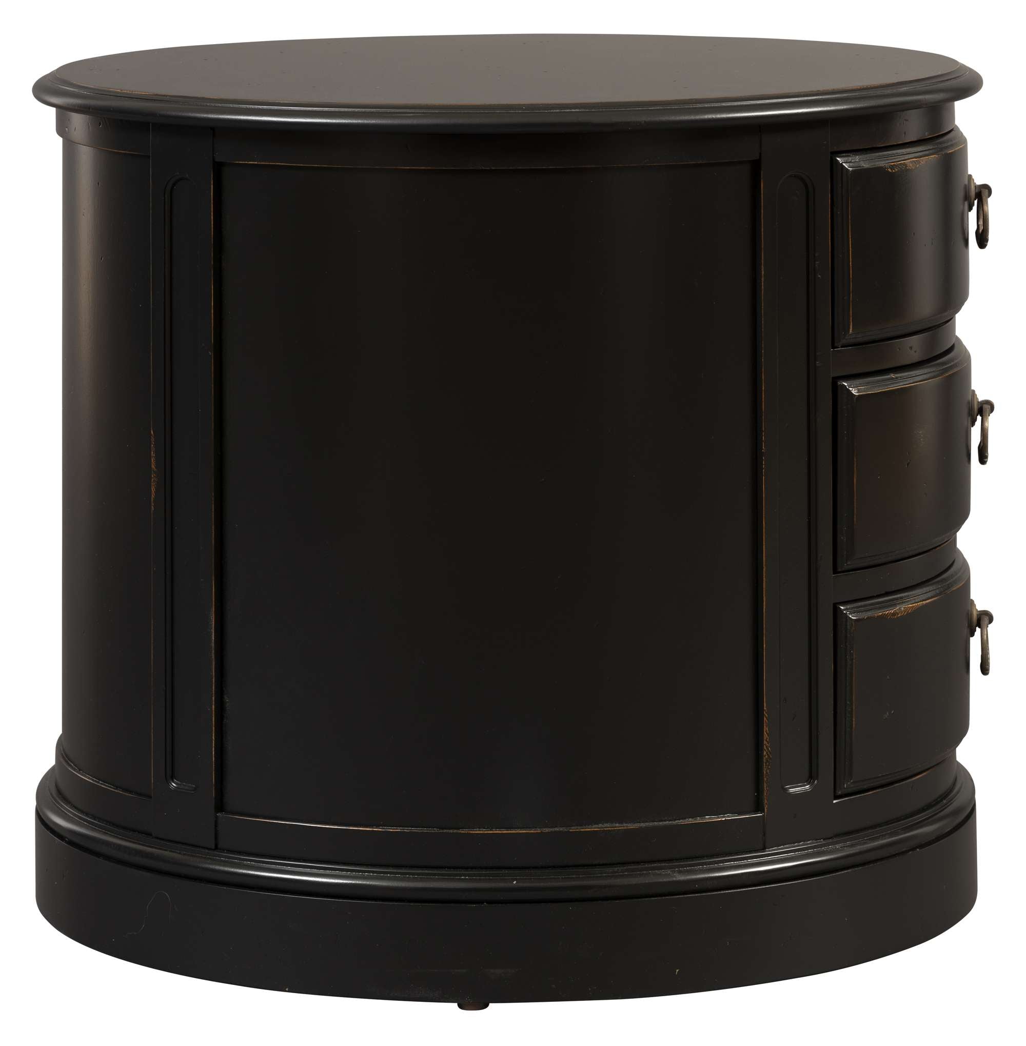 Oval drum chairside chest with three drawers, circular pulls, Louis Philippe finish, and curved wood design