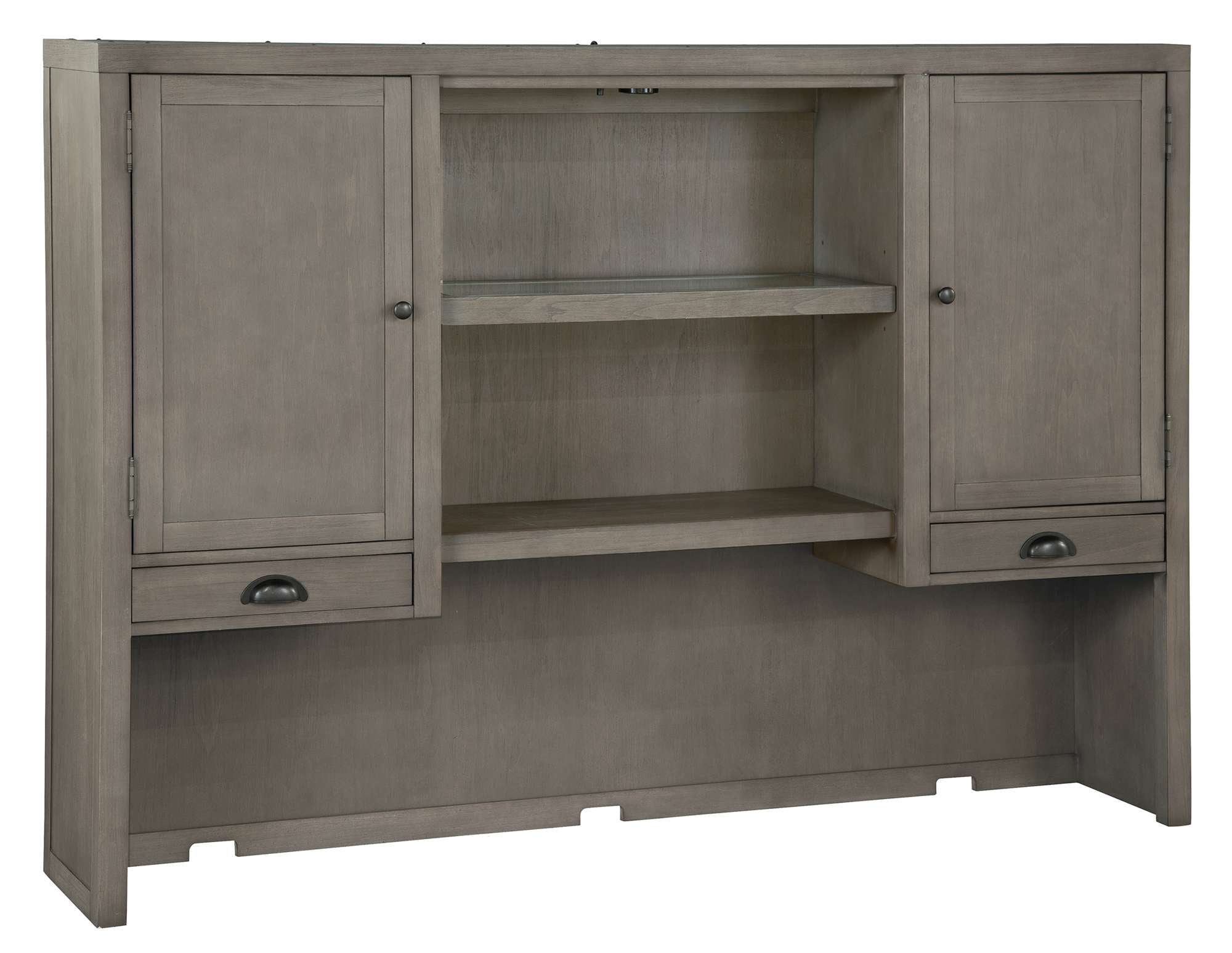 Executive Desk hutch with poplar veneer, two doors with adjustable shelves, drawers below, and illuminated open center bookcase