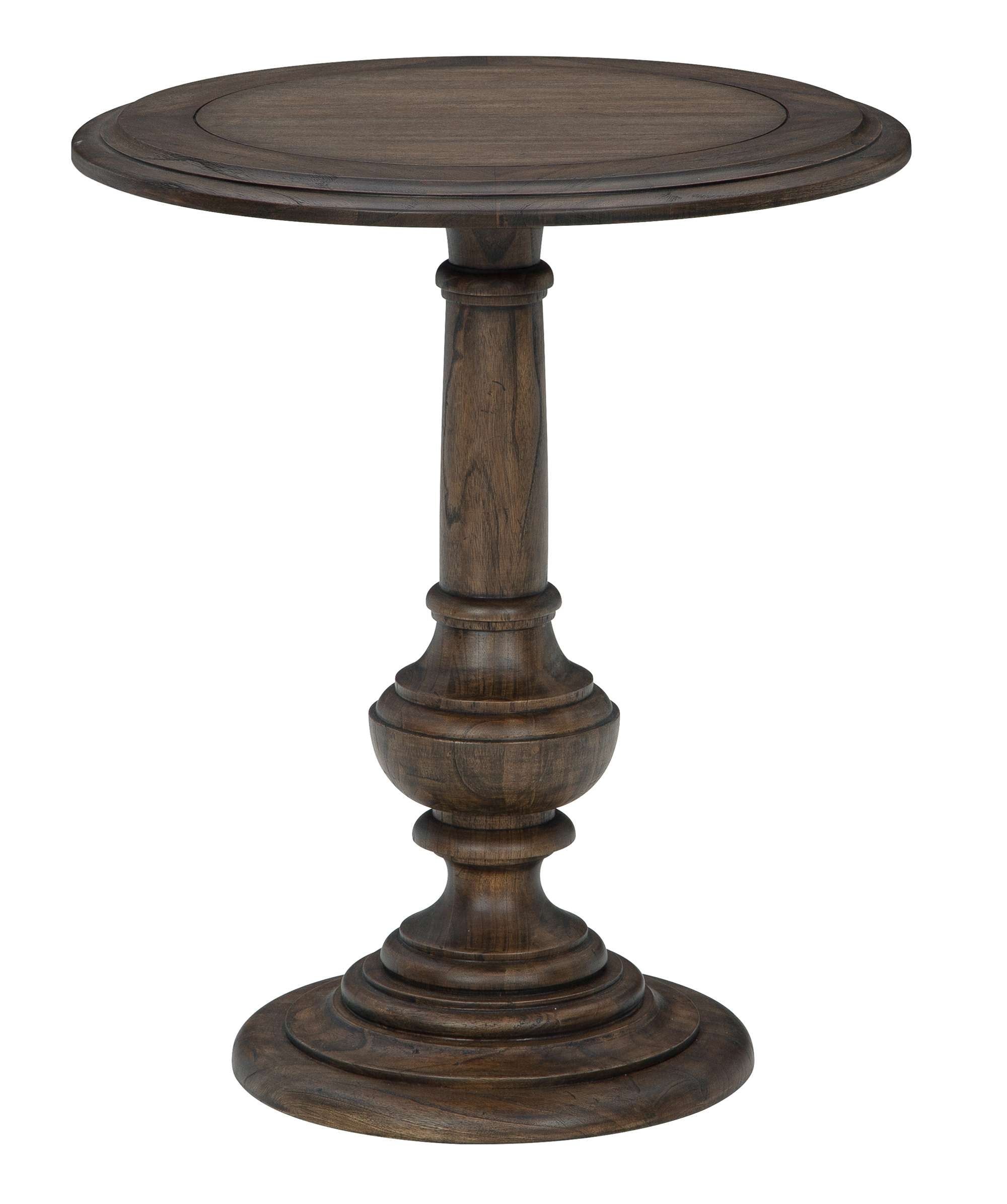 Wellington Estates end table with Mindi veneers and solids, tapered pedestal, urn turning, and Java finish