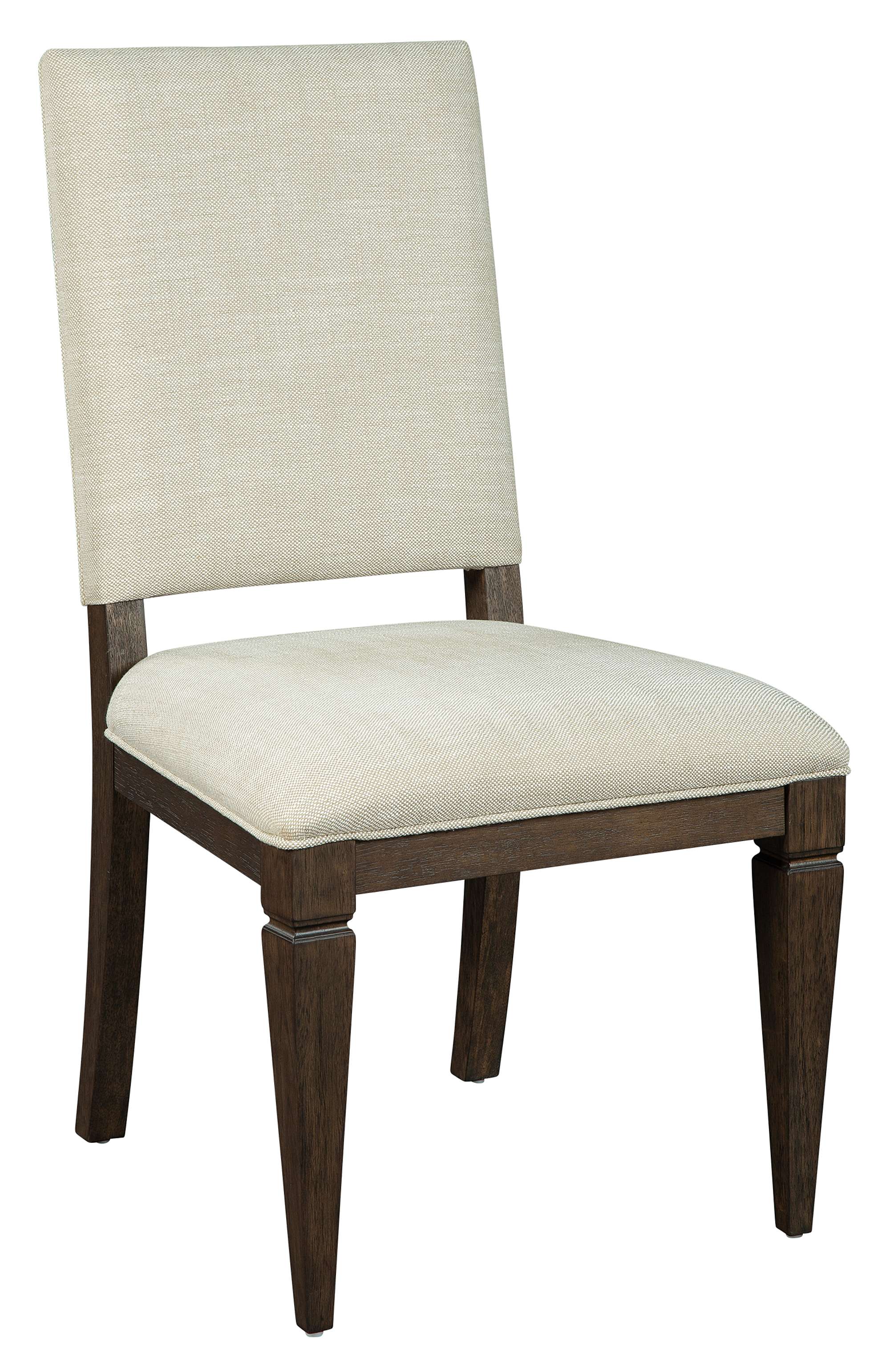 Linwood dining side chair with heavyweight linen upholstery, mindi solids and veneers, and dark wood finish