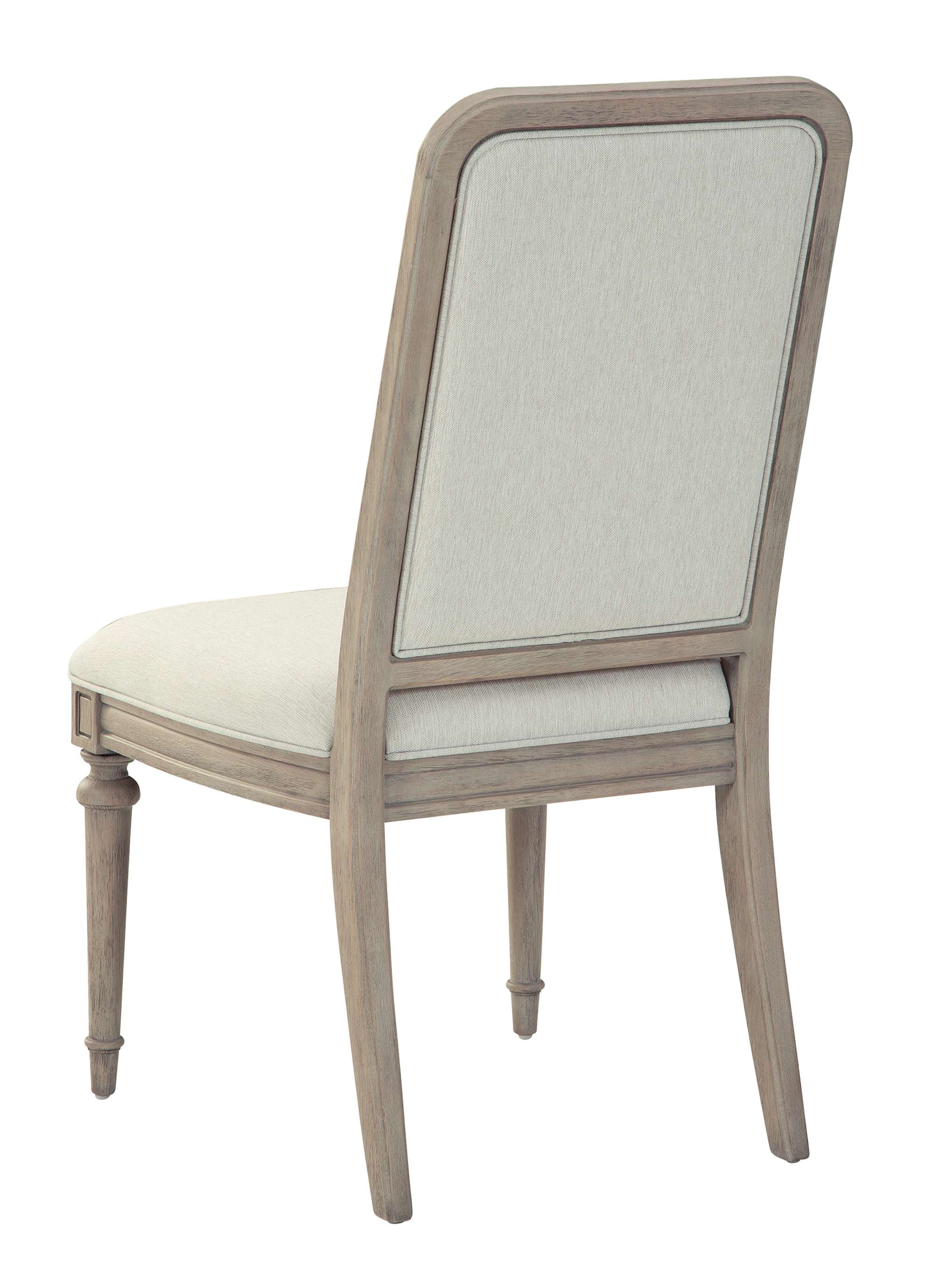 Wellington Estates dining chair with driftwood finish and heavy weight linen upholstered seat and back