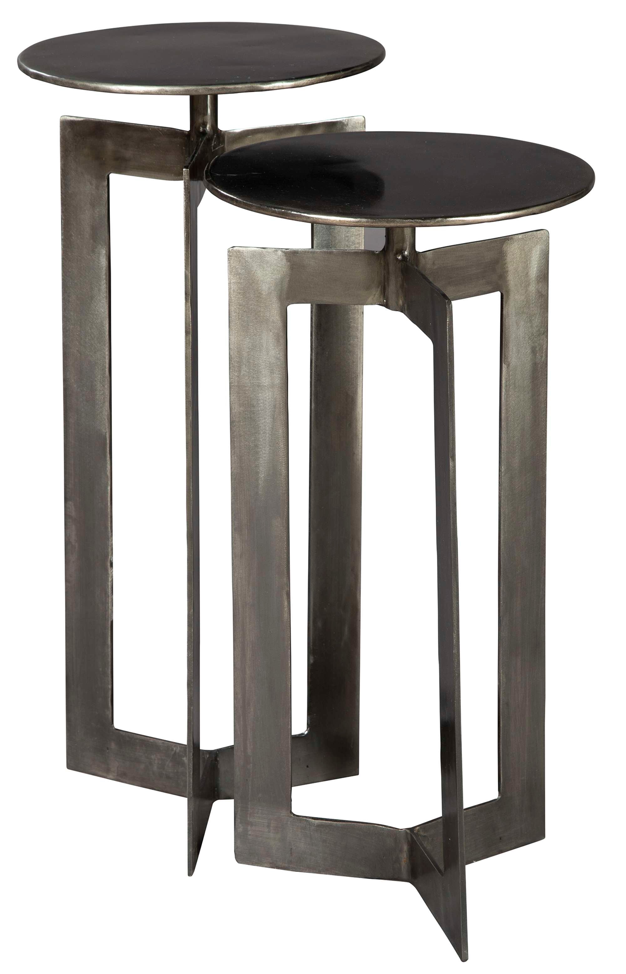 Set of two black nickel finish iron accent tables with clean geometric lines and varying heights for versatile decor