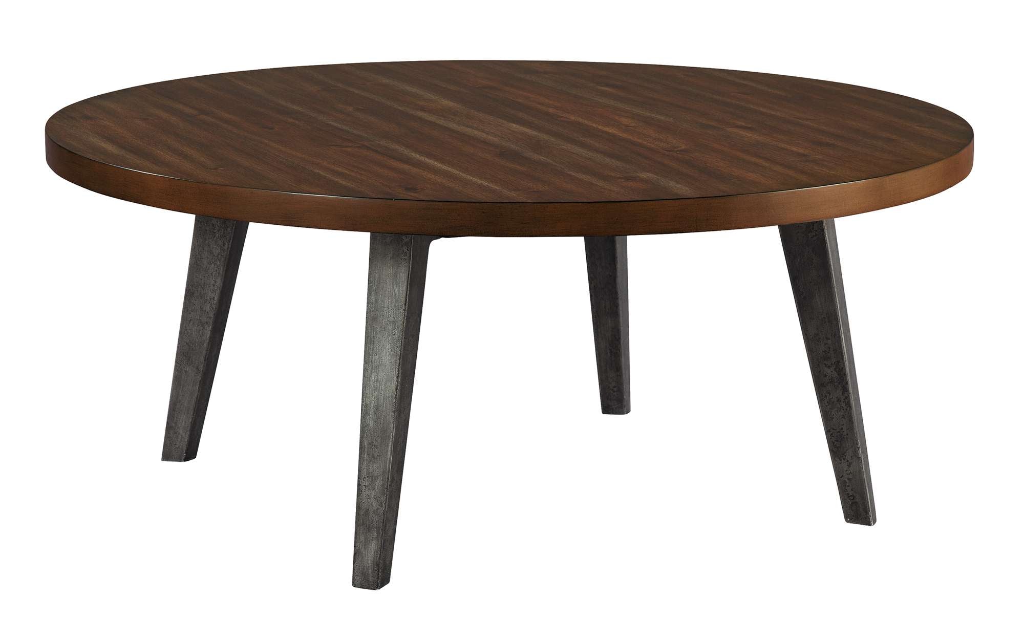 Monterey Point coffee table with 1.5" acacia veneer and solid slab top, splayed tapered angle iron legs, deep brown finish