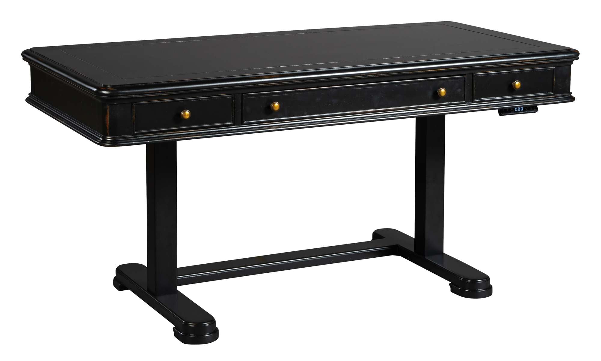 Louis Philippe adjustable height desk with distressed hardwood and veneer top, three front drawers, and black painted base