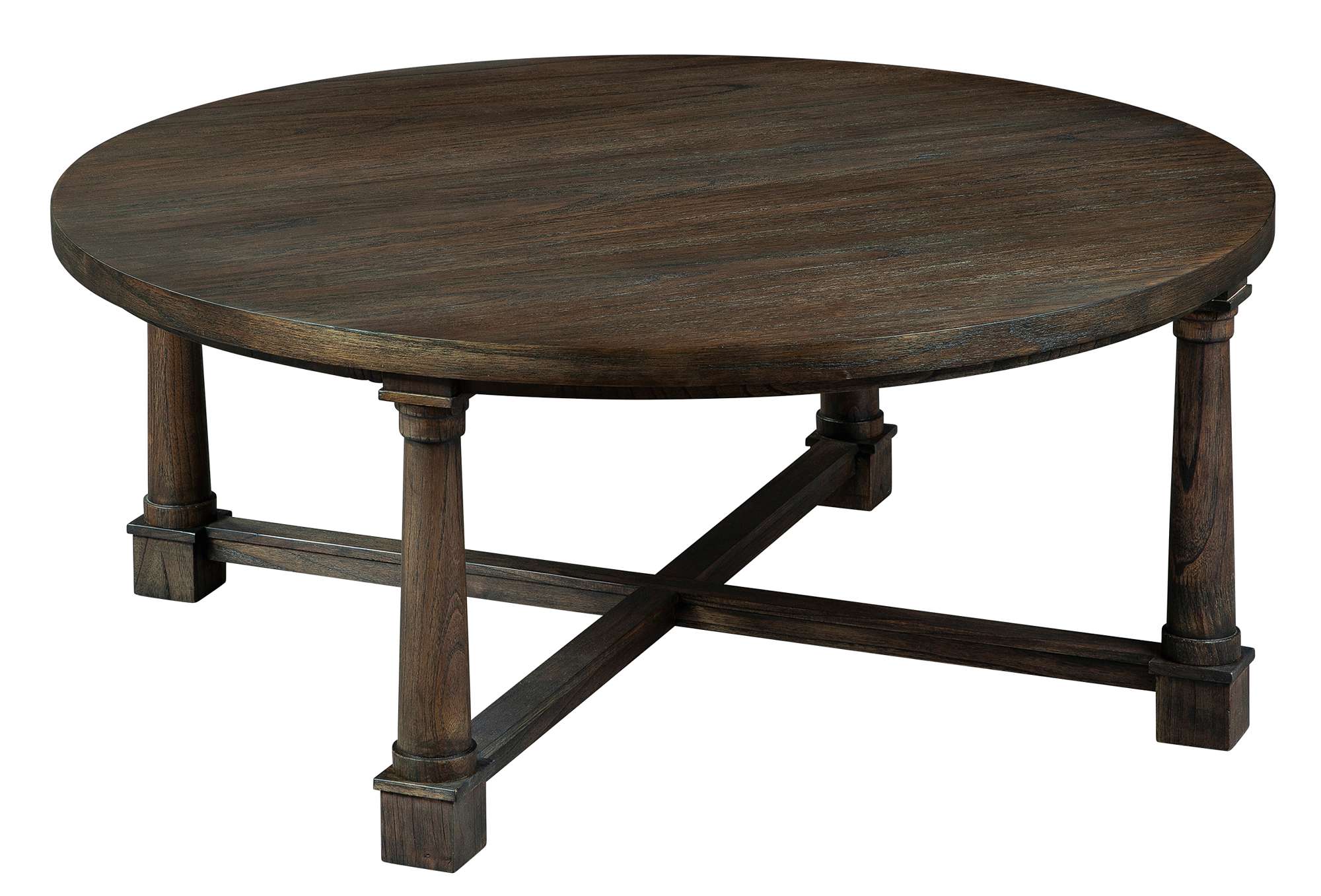 Linwood round coffee table with tapered posts, collar details, X-stretcher base, mindi solids and veneers, Linwood finish
