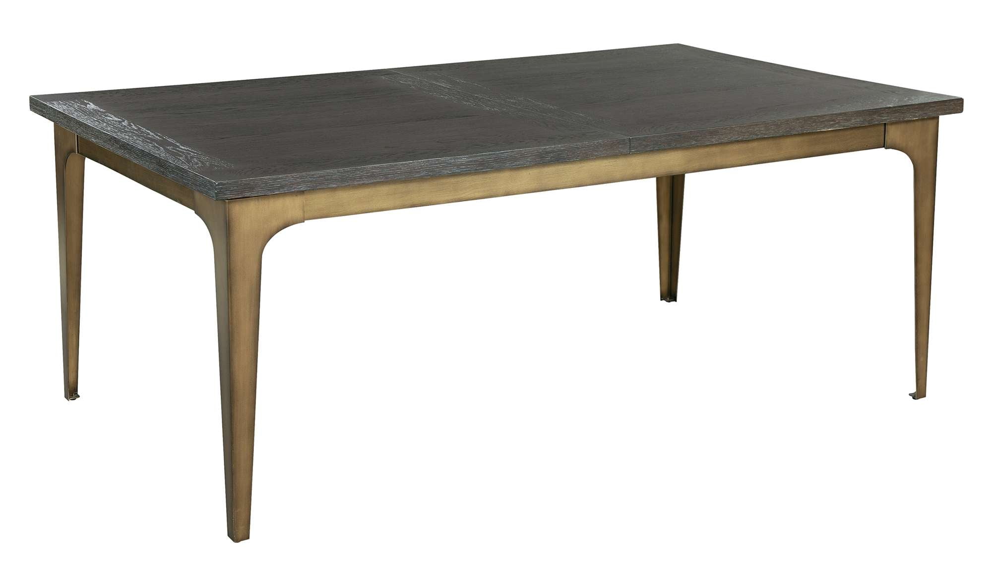 Edgewater dining table with 1-1/2 inch oak slab top, antique brass metal frame, tapered legs, and oak veneers with mindi solids