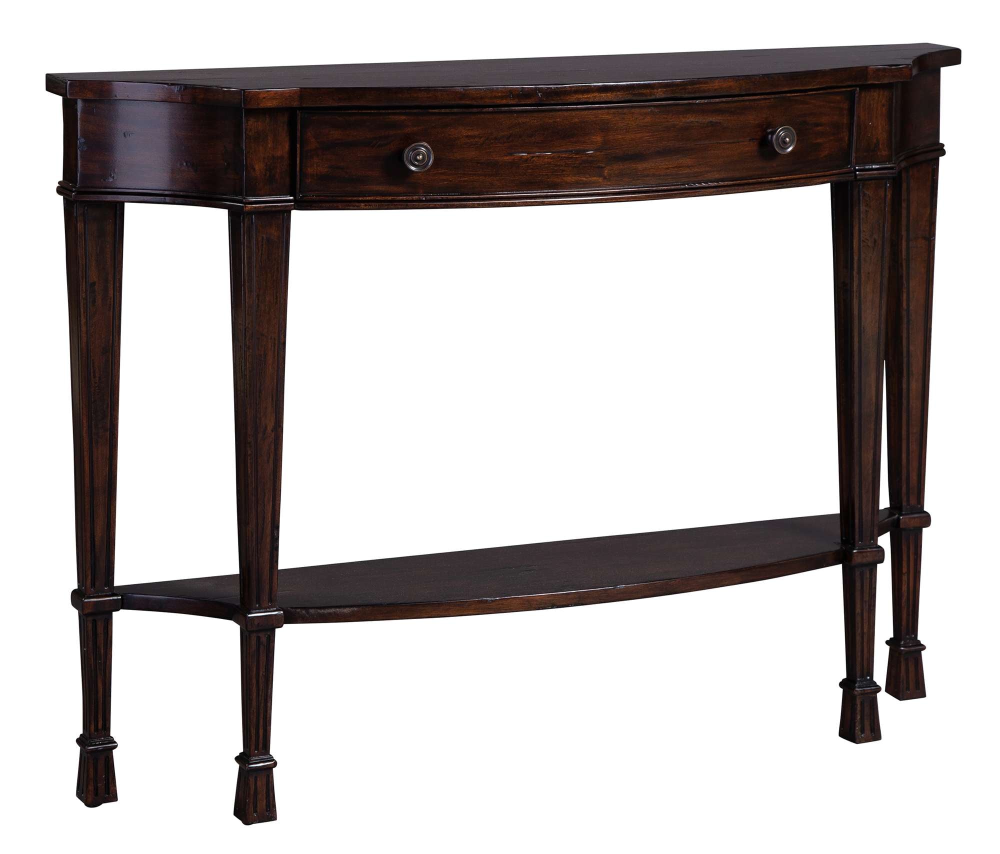 Breakfront curved sofa table with mahogany veneers, center drawer, antique brass hardware, and artistic distressing finish