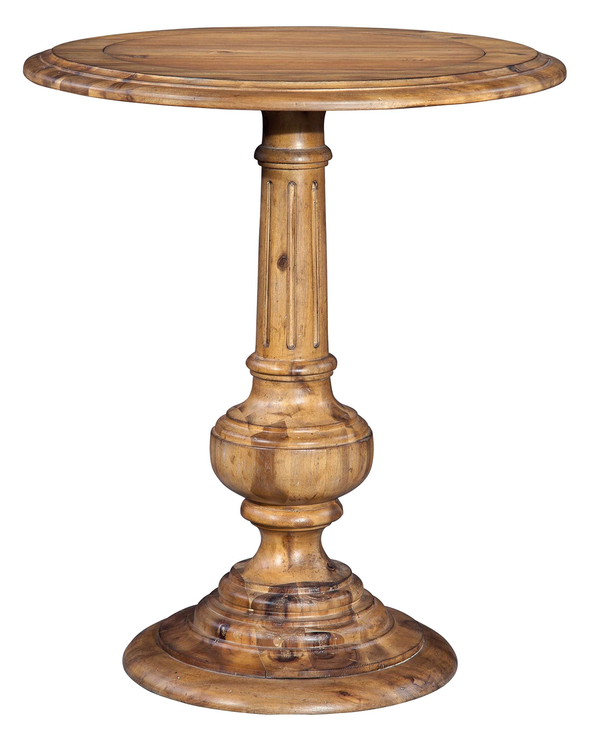 Wellington Hall end table with acacia veneers, tapered fluted pedestal, urn turning, and natural finish, 22" diameter, 26" height