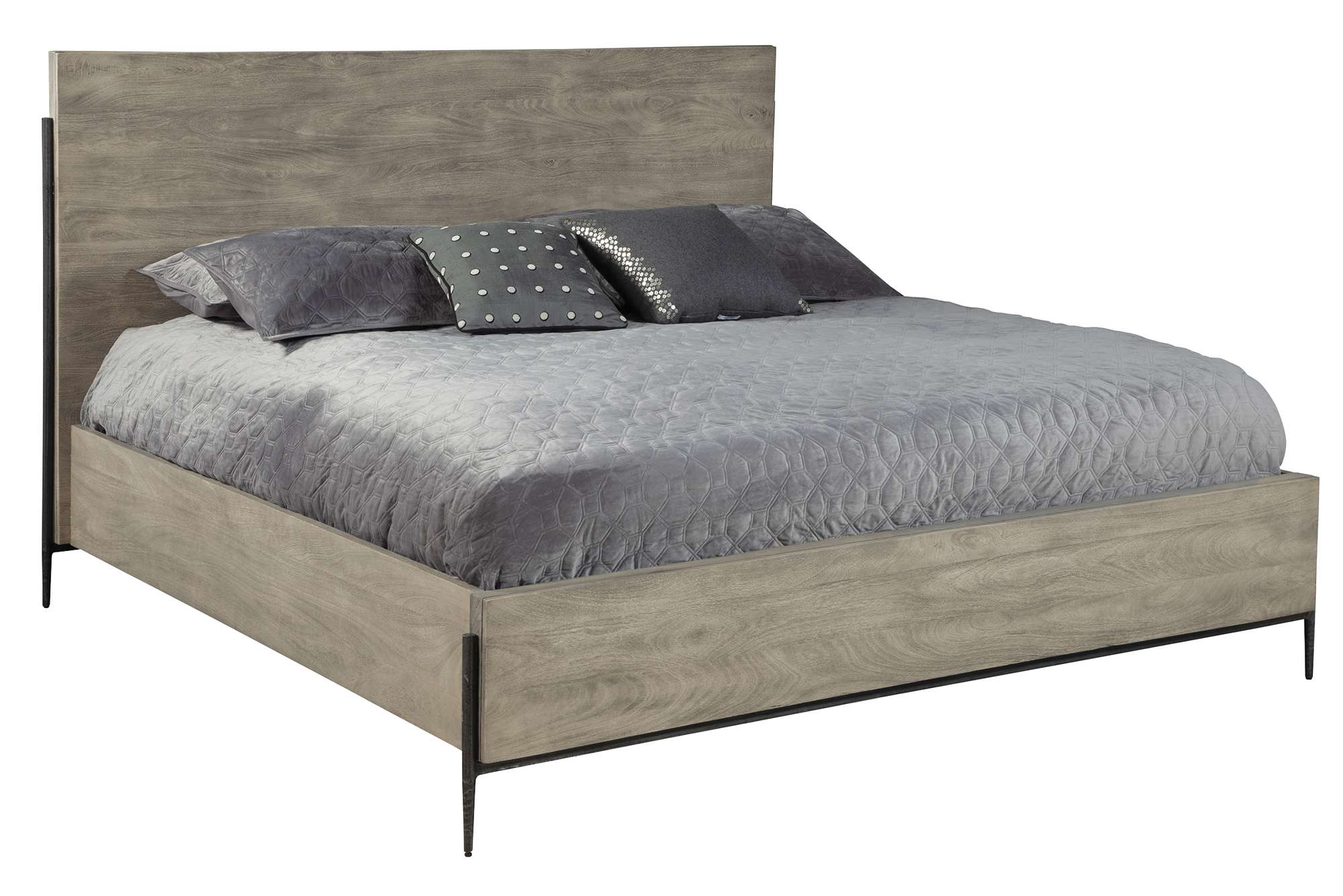 Bedford Park California King Panel Bed with gray wood finish, tall headboard, and black metal frame supports