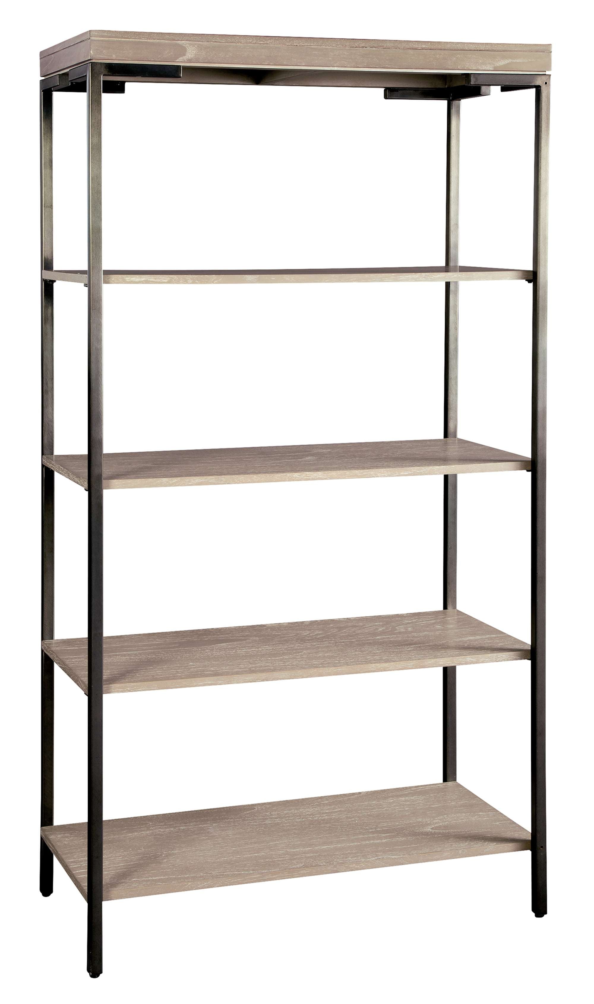 Scottsdale open shelving unit with mindi veneer shelves, aged iron square metal posts, and floor levelers