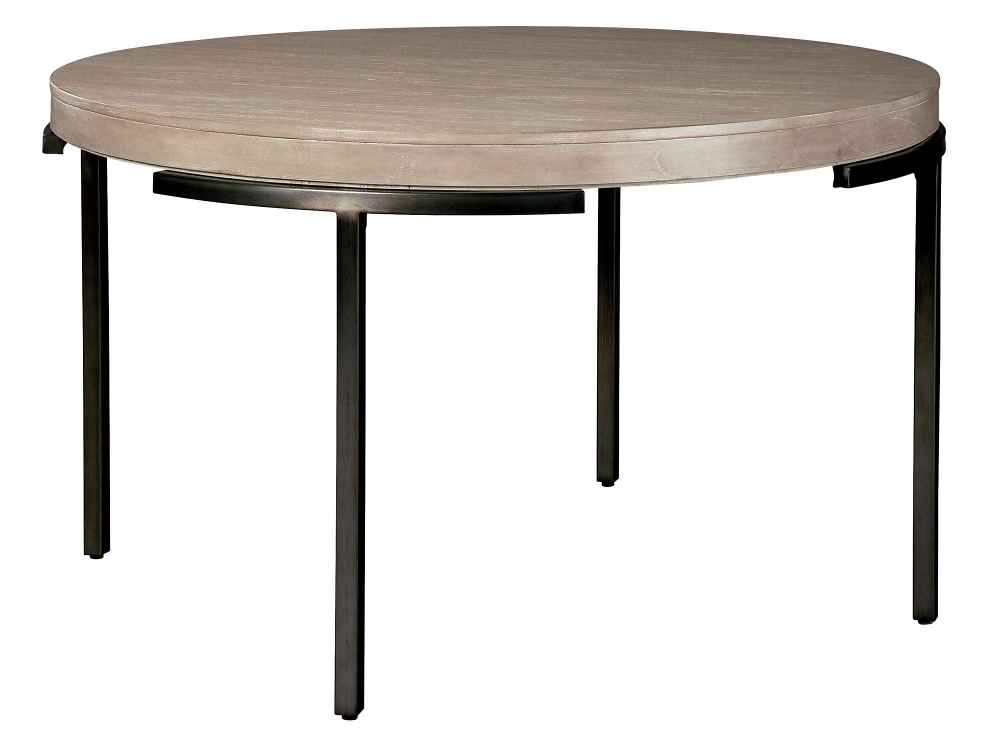 Scottsdale dining table with mindi veneer slab top, 2½" apron, square metal legs in aged iron, and floor levelers