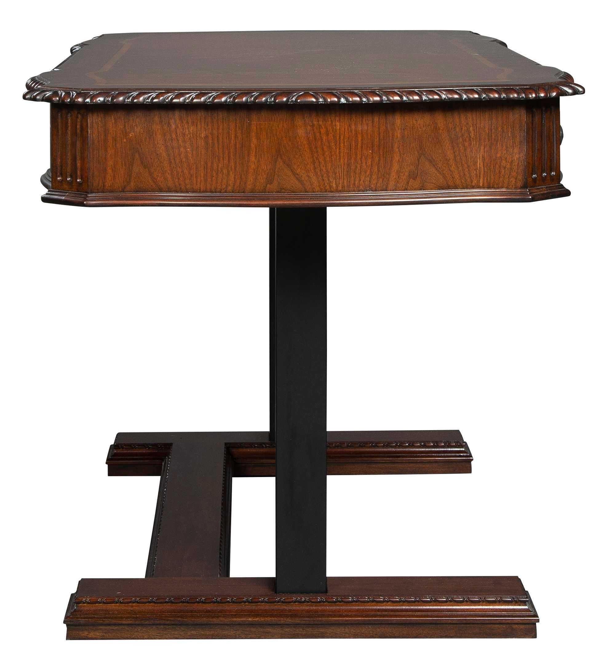 Old World Walnut Burl Adjustable Height Desk with detailed carved edges, walnut burl veneer, and sturdy black metal base