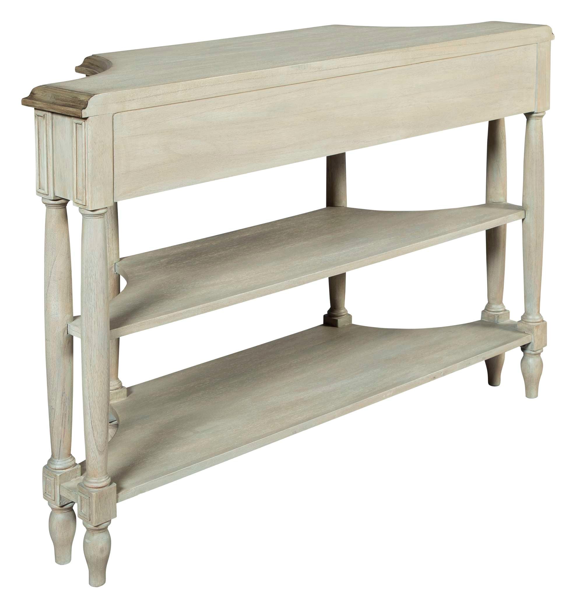 Sofa table with subtle Georgian curves, round turned legs, single center drawer, and two lower shelves in light finish