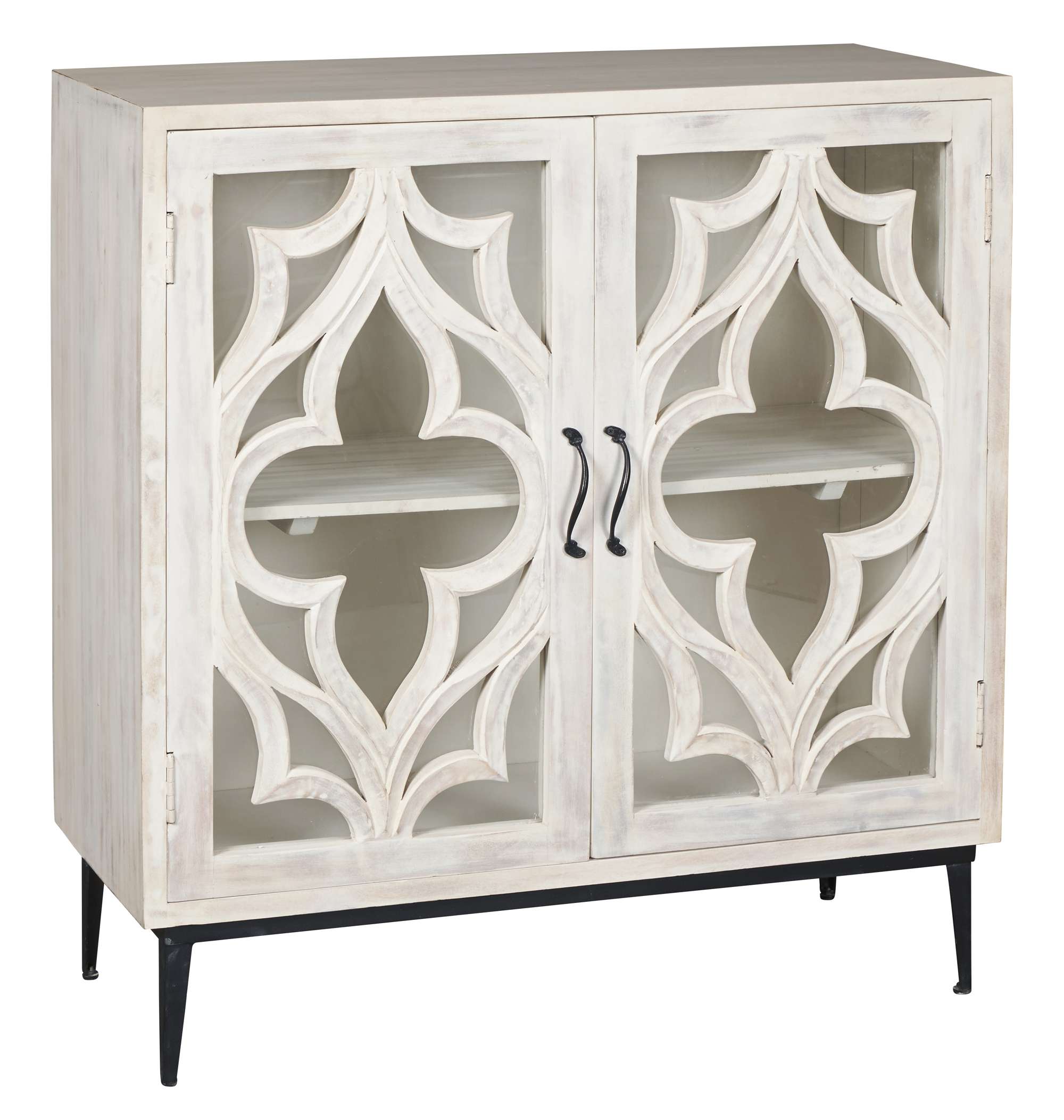 Accent chest with pierced fretwork doors backed by clear glass, aged white solid mango wood, single shelf, and black metal legs