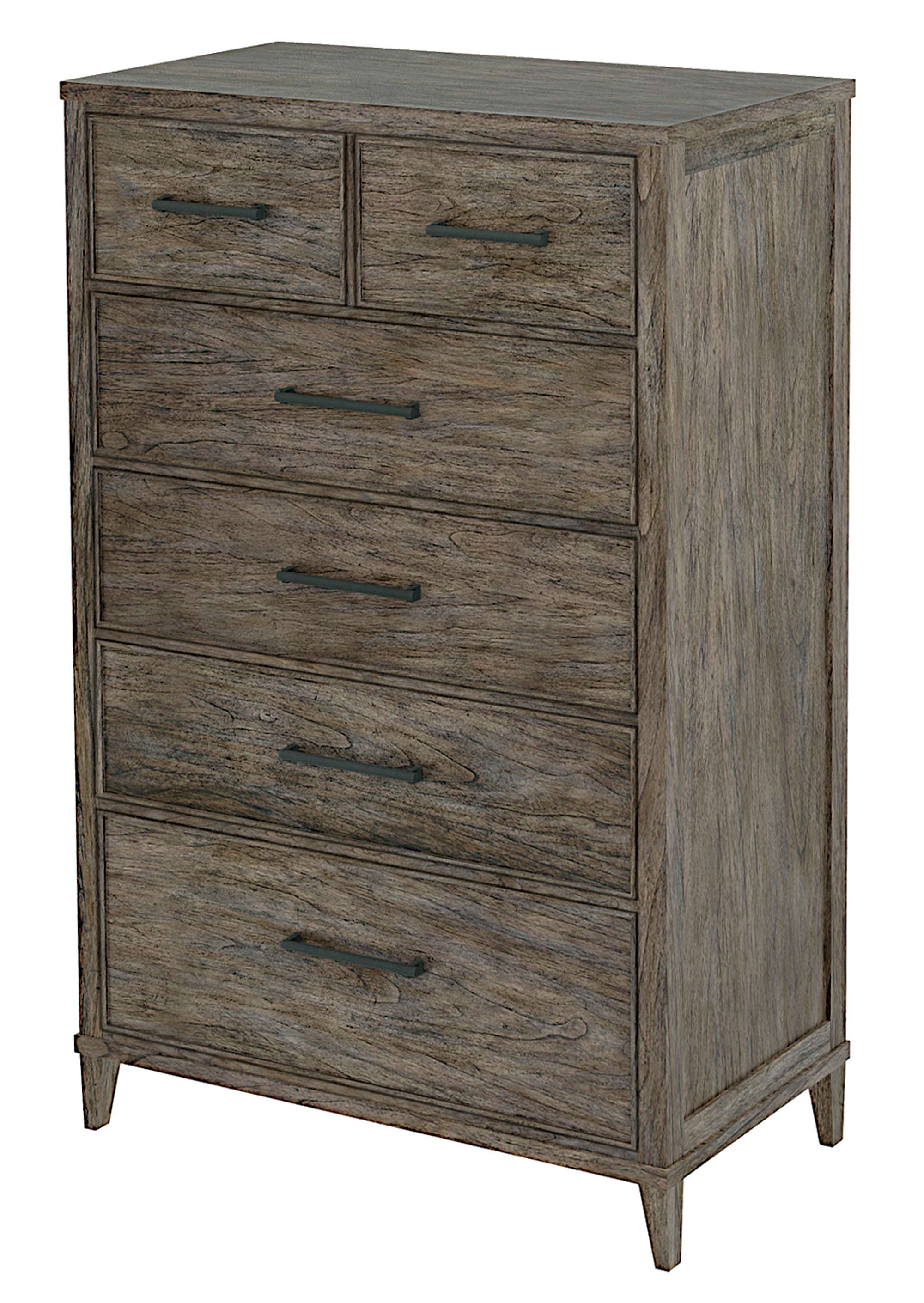 Arlington Heights bedroom chest with six soft-close drawers, mindi wood veneers, and dark antique brass hardware