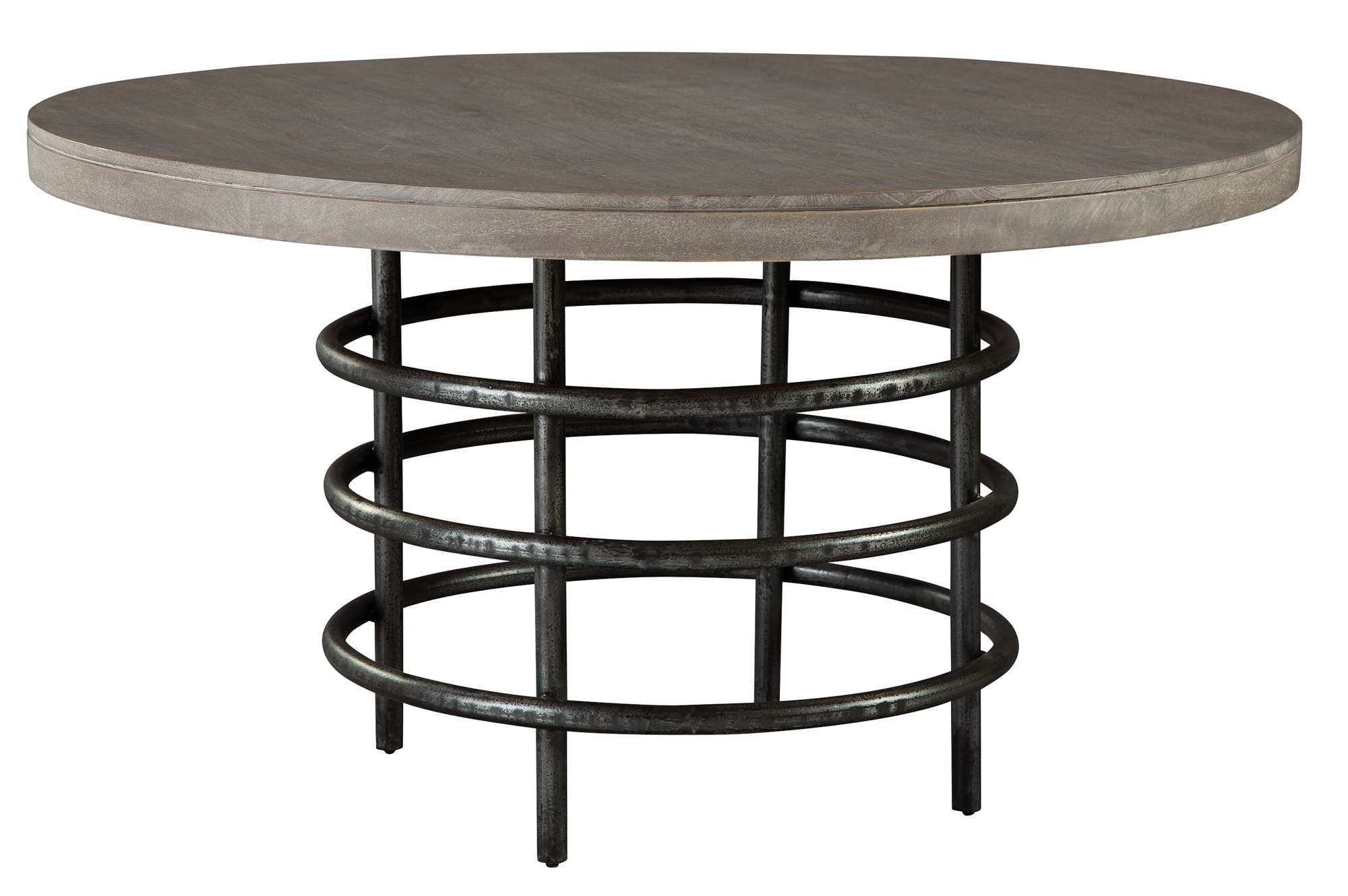 Sedona round dining table with solid mango wood top and three-tiered circular iron leg structure in aged finish