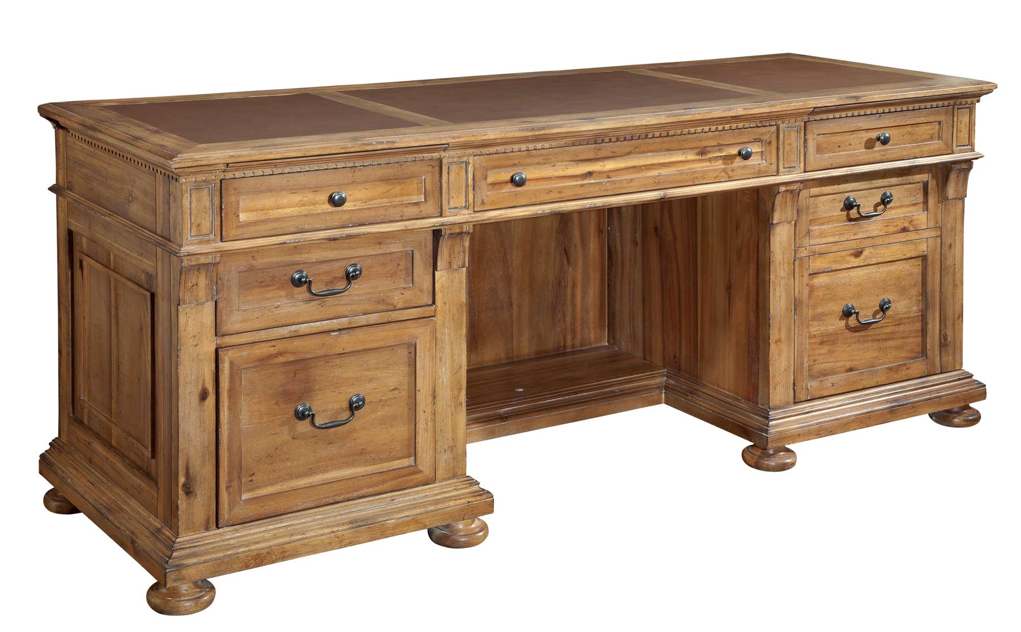 Wellington Hall Office Executive Credenza with acacia veneers, three leather top panels, multiple drawers, and pedestal lock feature