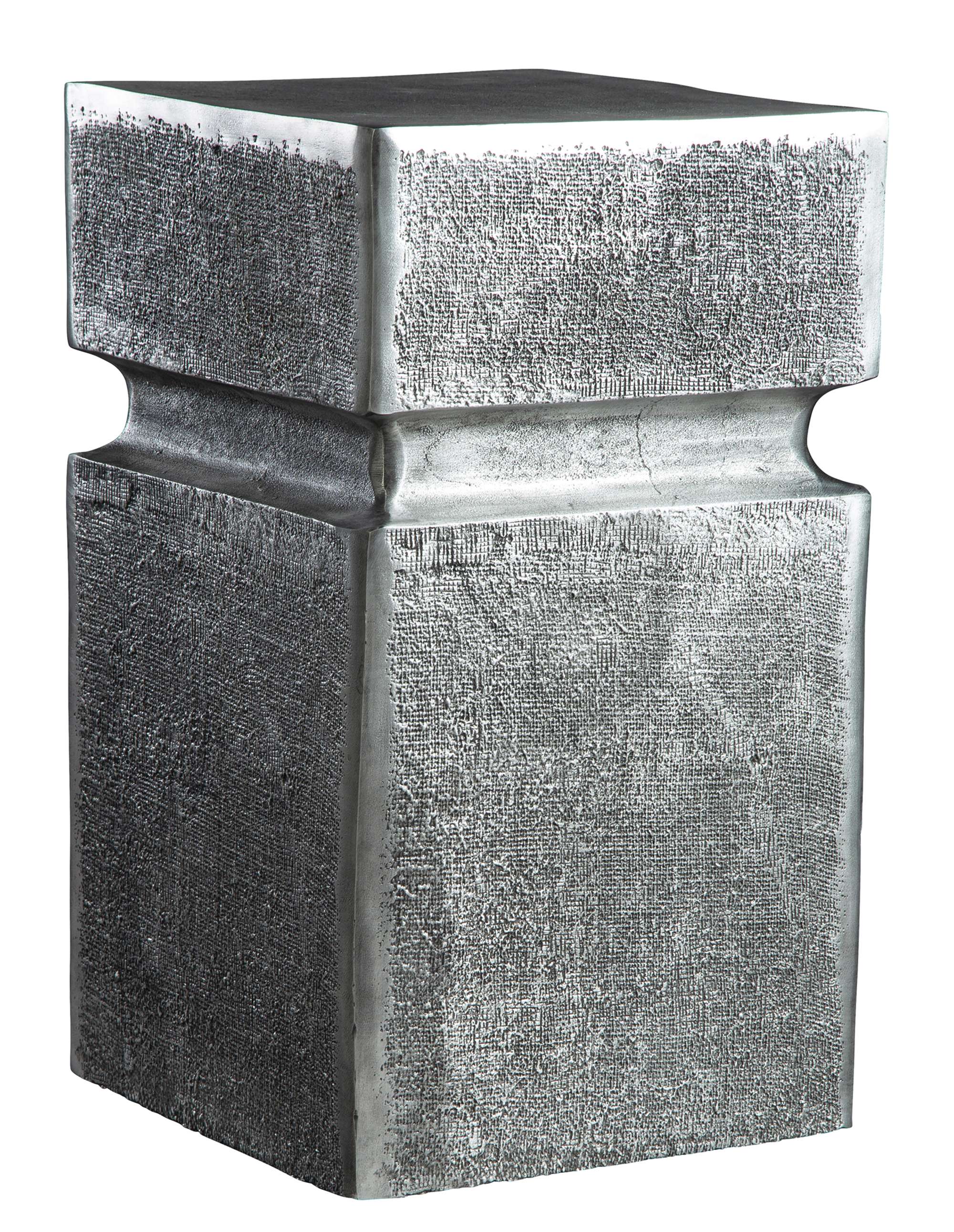 Cast metal square block end table with roughened texture and dark nickel finish for modern industrial interiors
