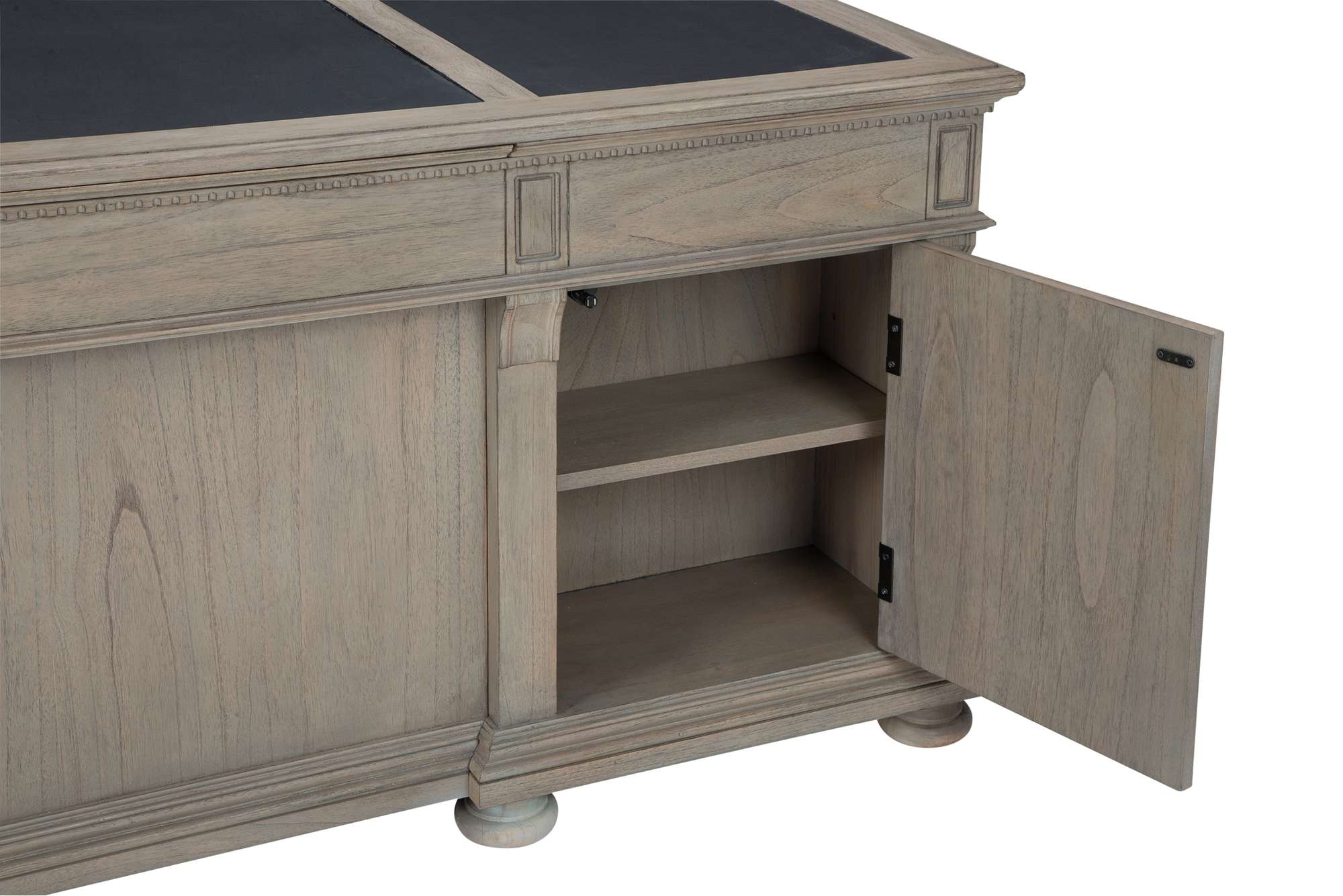 Wellington Estates desk in light mindi wood with open cabinet door revealing two interior shelves and detailed molding accents