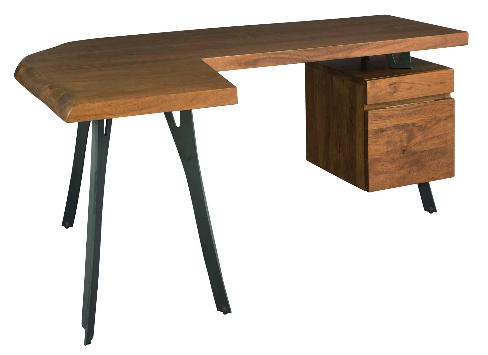 Live edge desk with solid Acacia wood top, black metal legs, and attached file cabinet with two drawers