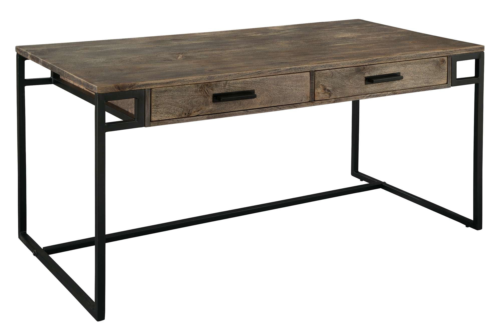 Desk with select wood solids and veneers, iron frame, two drawers, and Santa Cruz finish, 60 inches wide and 30 inches deep