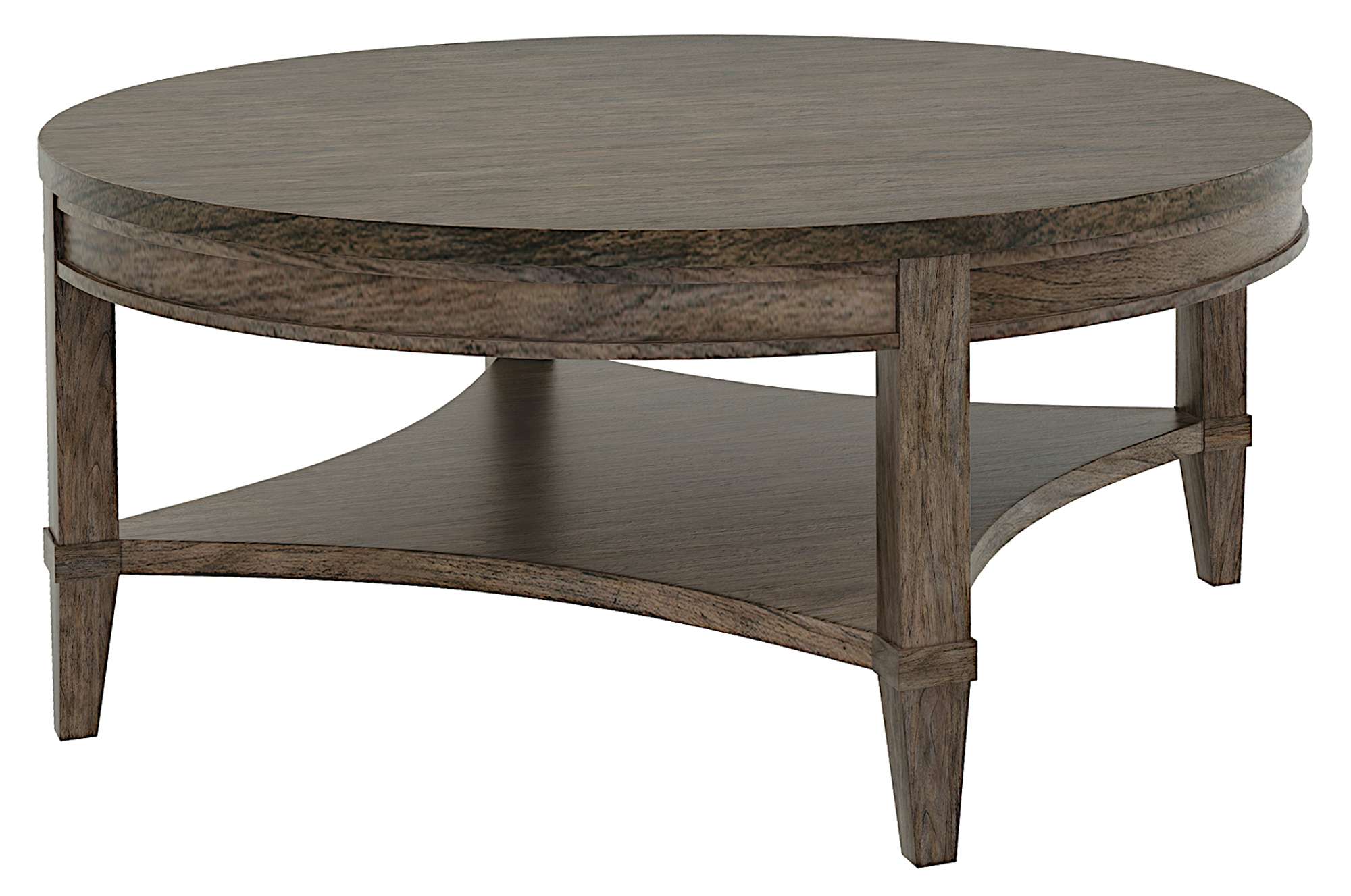 Round Arlington Heights coffee table with slab top, shaped lower shelf, and mindi wood solids and veneers finish