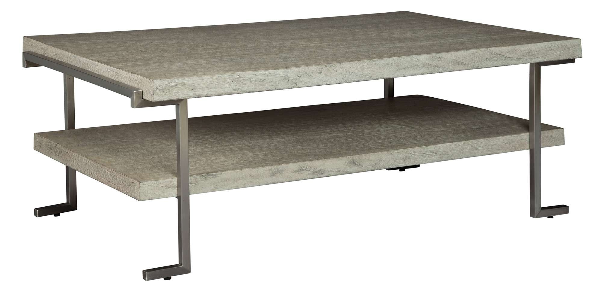 Coffee table with 2-inch mindi solid and veneer slab top, wire-brushed finish, stainless steel frame and legs, and lower shelf