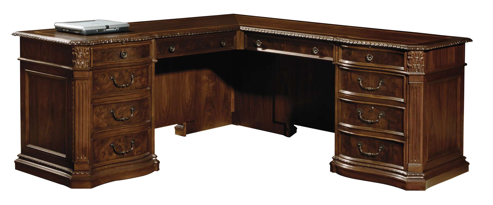 Old World Walnut Burl executive L-shape desk with burl and flat cut walnut veneers, drop front drawer, and carved details