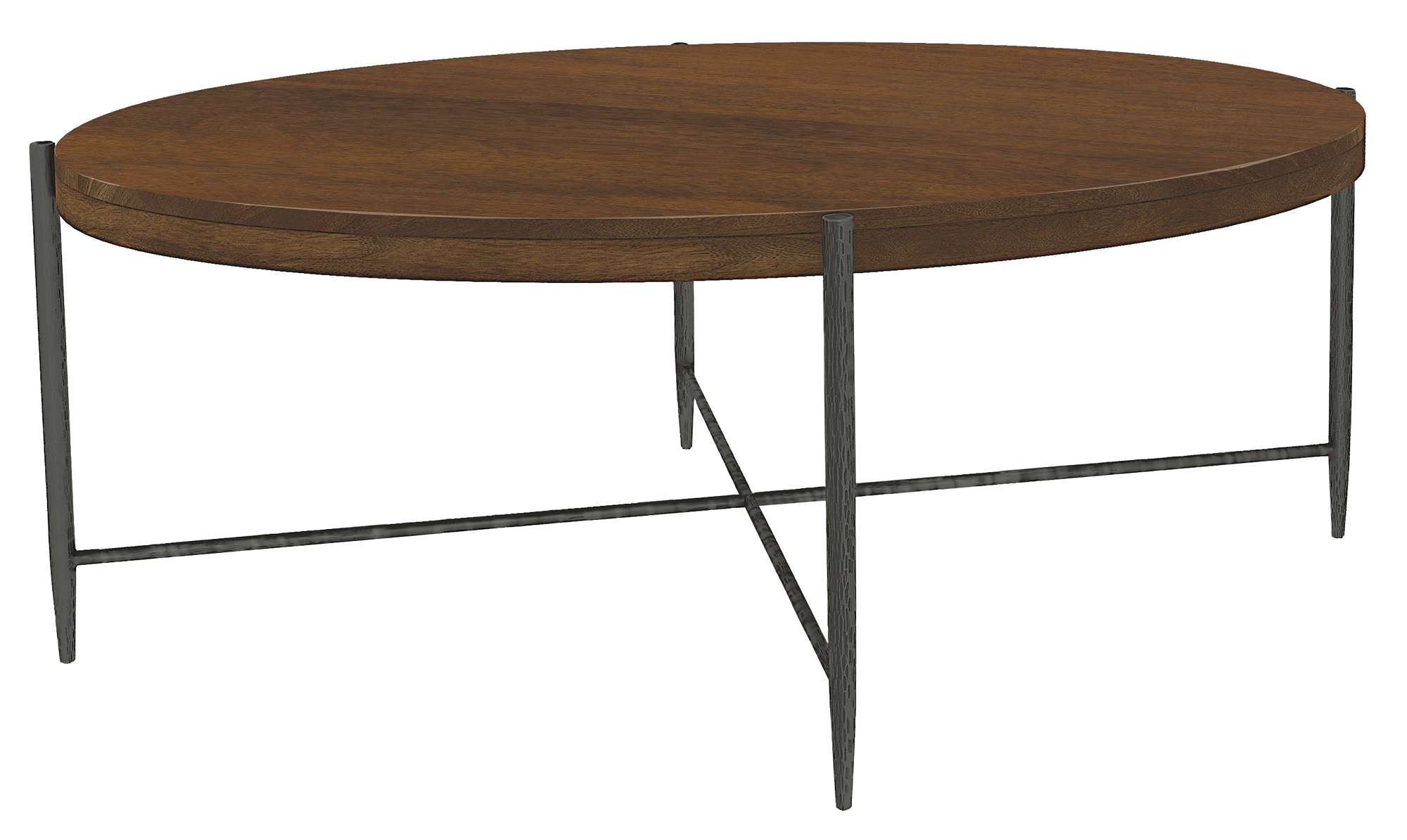 Bedford Park round coffee table with rough-hewn mango wood top, Bedford Tobacco finish, and aged iron base