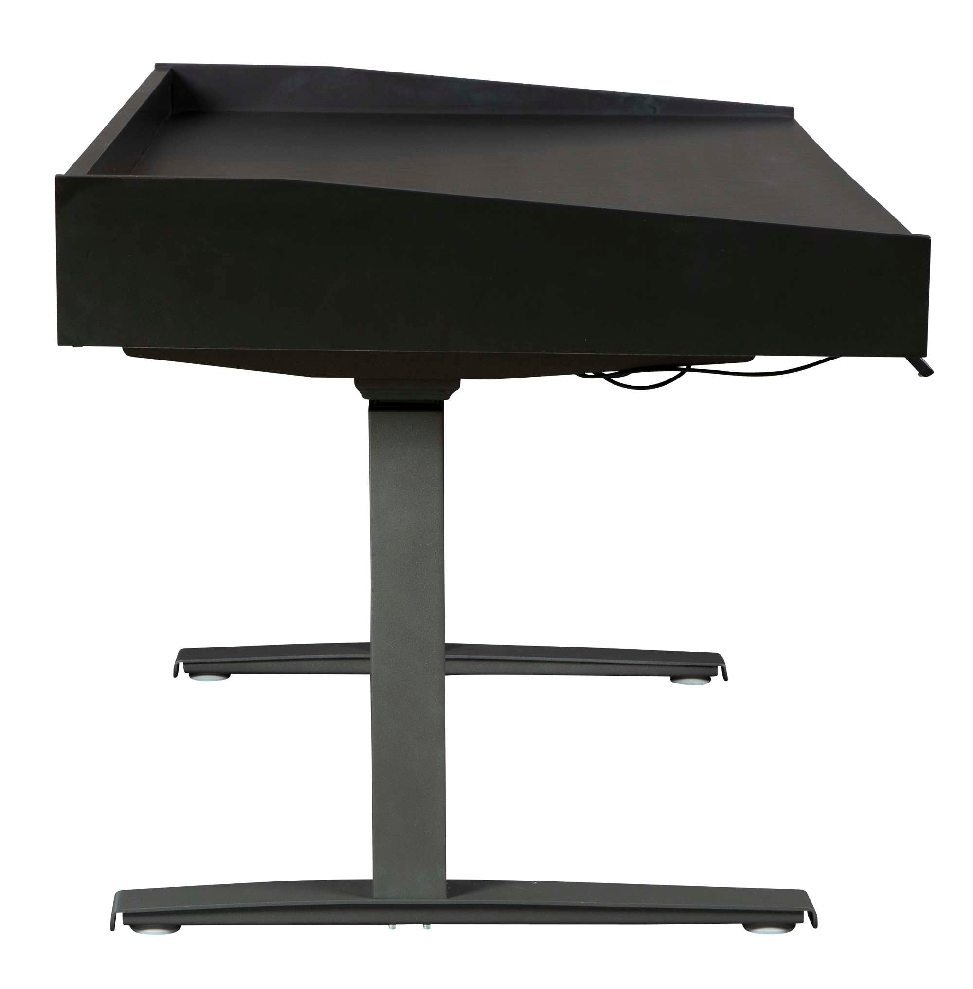 Custom adjustable height desk with black finish, metal base, angled top, and clean modern design for ergonomic workspaces