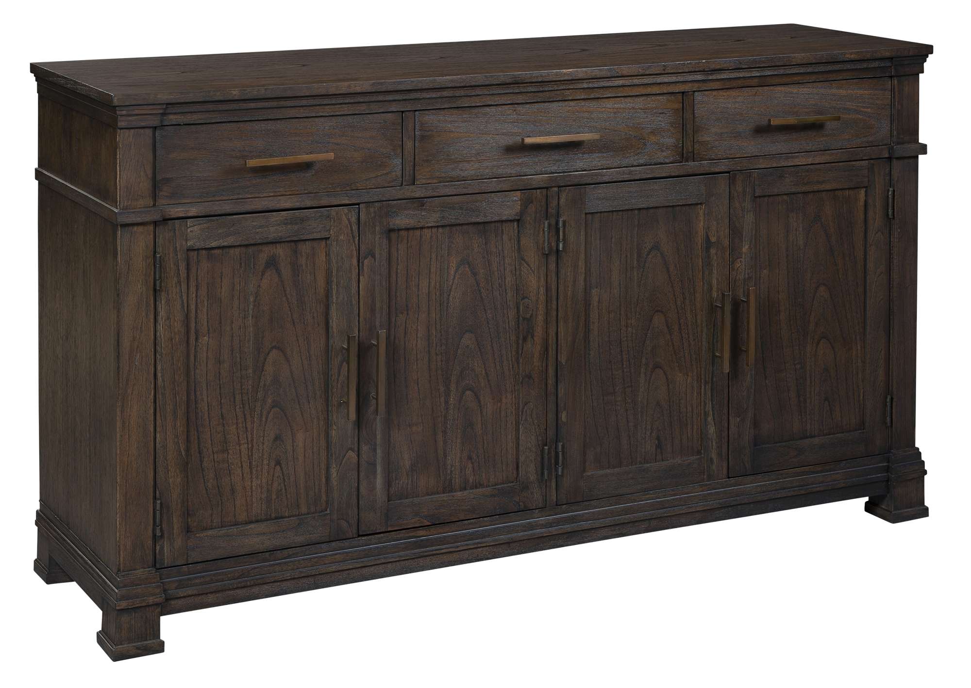 Linwood dining buffet with mindi solids and veneers, three drawers, four doors, adjustable shelves, and soft antique brass hardware