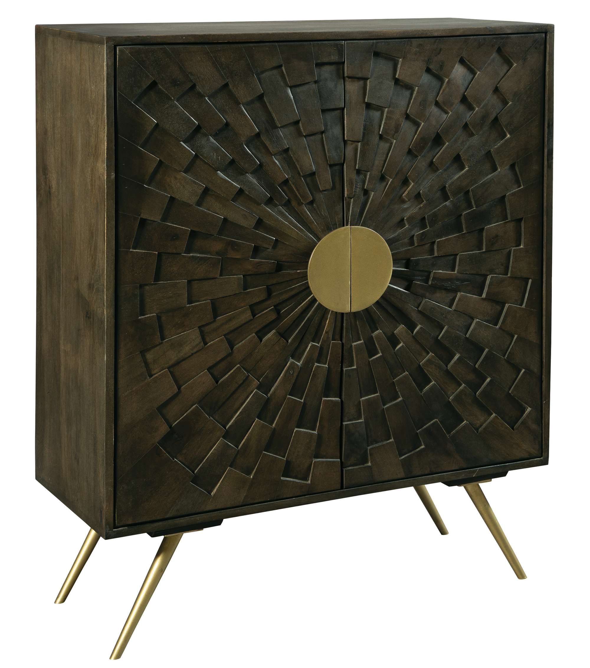 Accent chest with select wood solids and veneers, raised wooden strip design, two doors, one shelf, and brushed brass legs and pulls