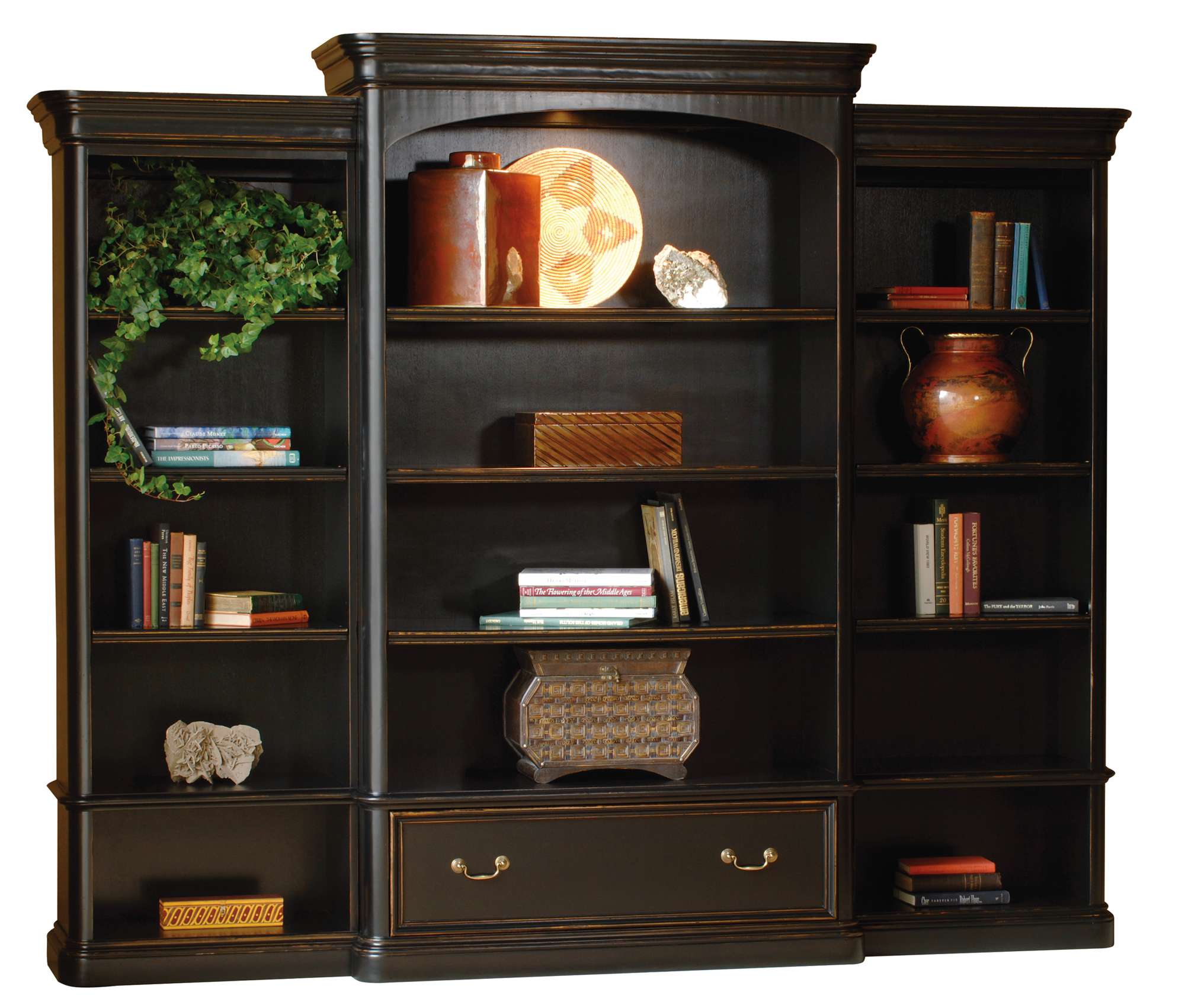 Louis Philippe executive center bookcase with illuminated shelves, adjustable glass shelf, file drawer, and distressed hardwood finish