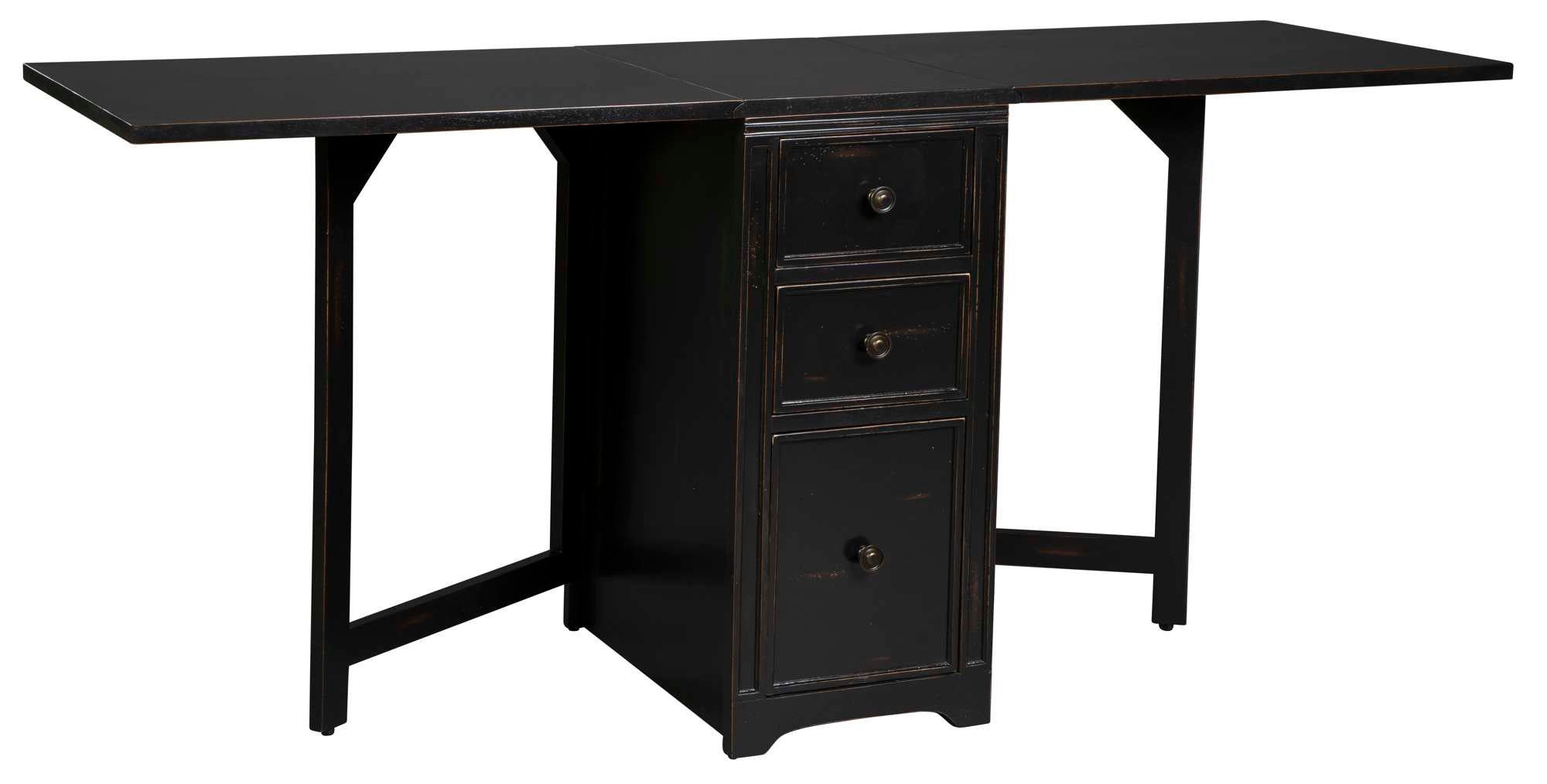 Black drop leaf desk with three drawers and folding sides for versatile workspace and elegant design
