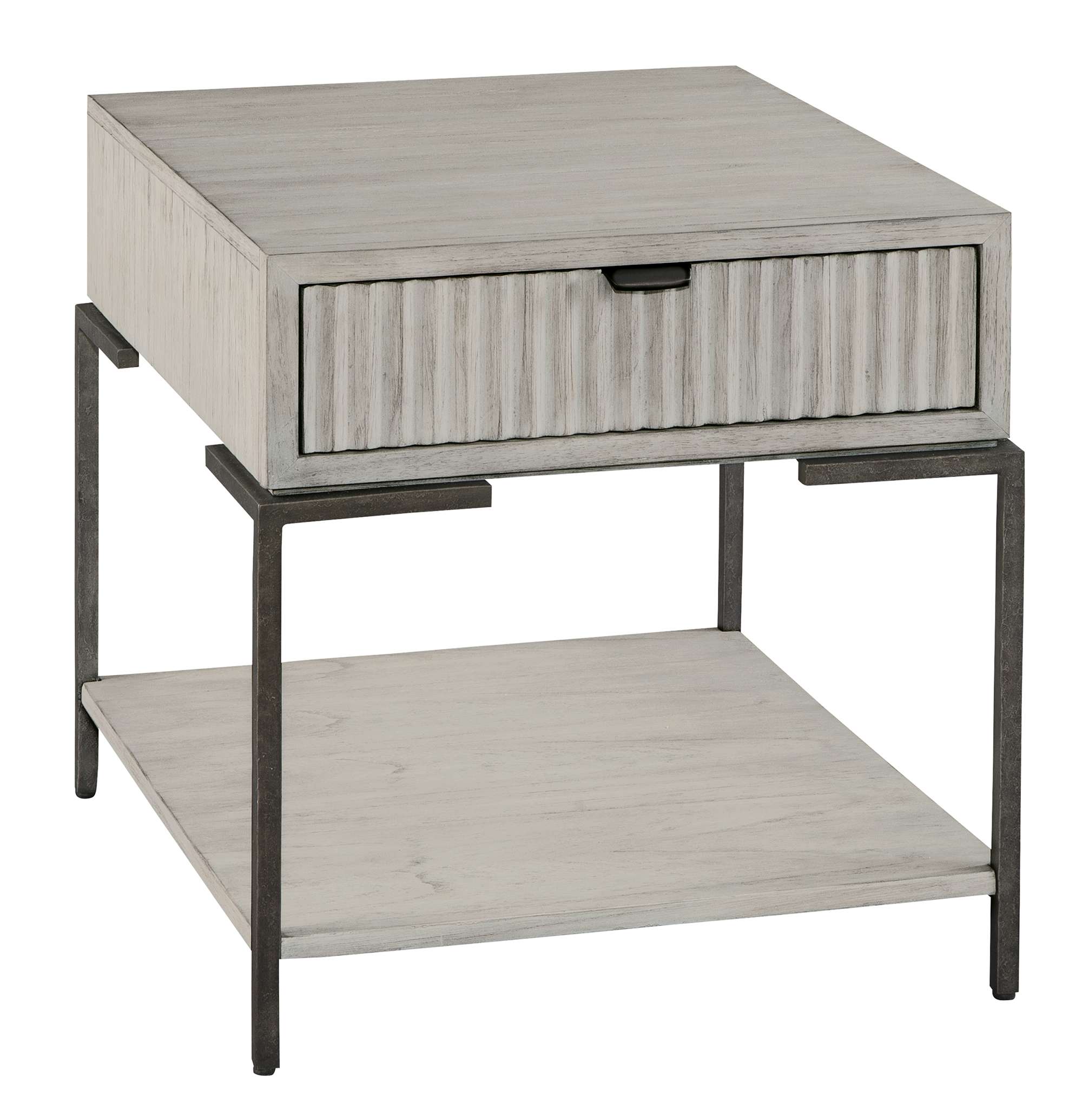 Sierra Heights end table with mindi veneer, serrated drawer front, black iron tab pull, and hand-forged iron legs