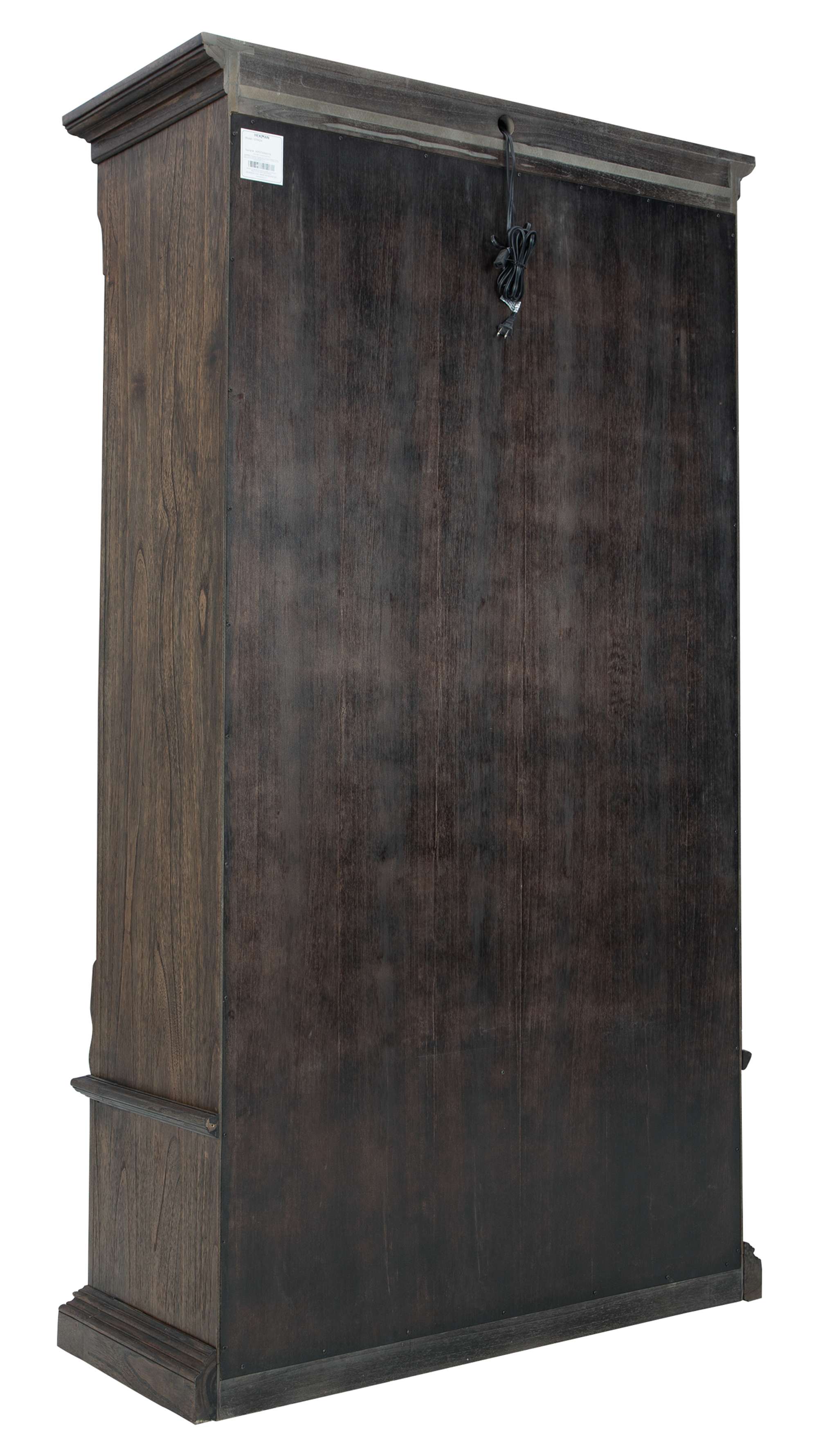 Back view of Wellington Estates Office Executive Center Bookcase in dark wood with crown molding and attached power cord