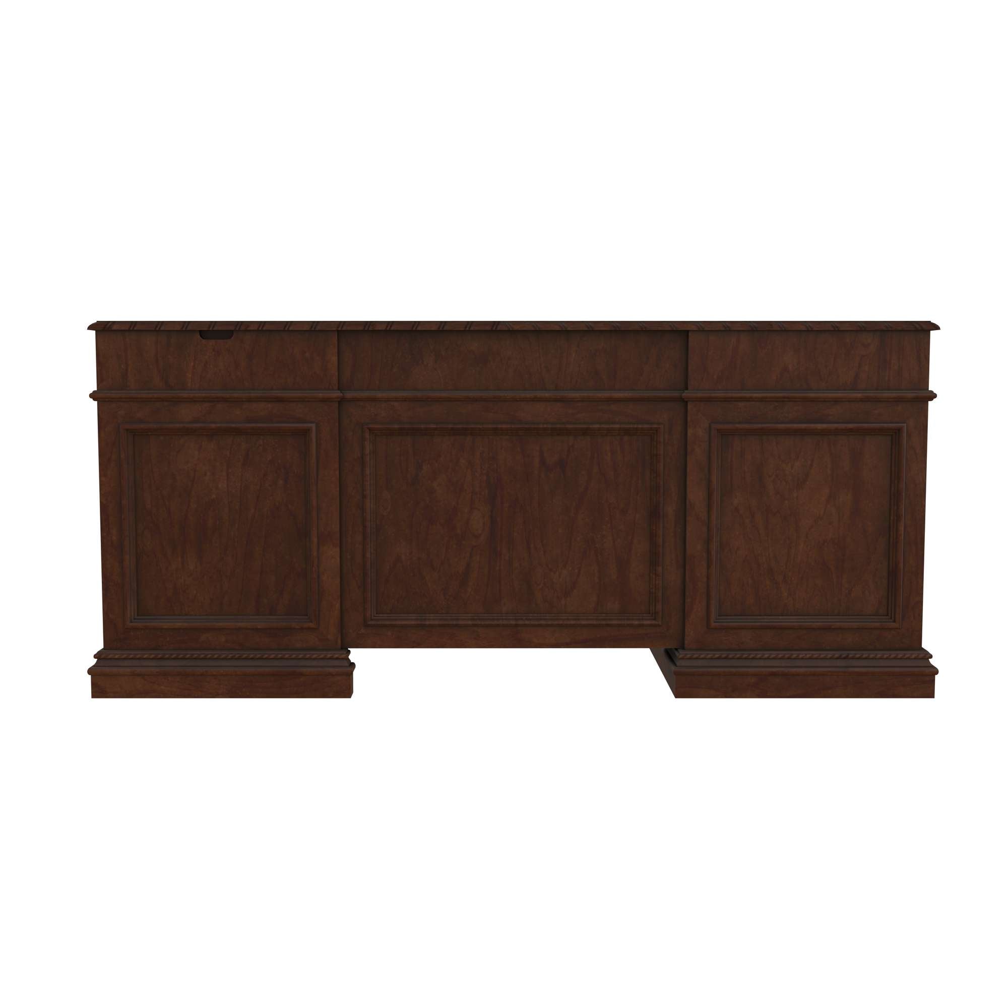 Old World Walnut Burl Executive L-shape Desk with solid walnut and burl veneers, drop front keyboard drawer, and paneled design