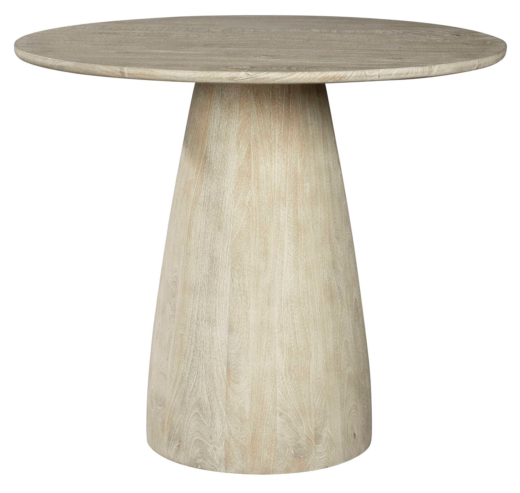 Round pub table with solid mango wood top and tapered base in natural finish for modern organic style