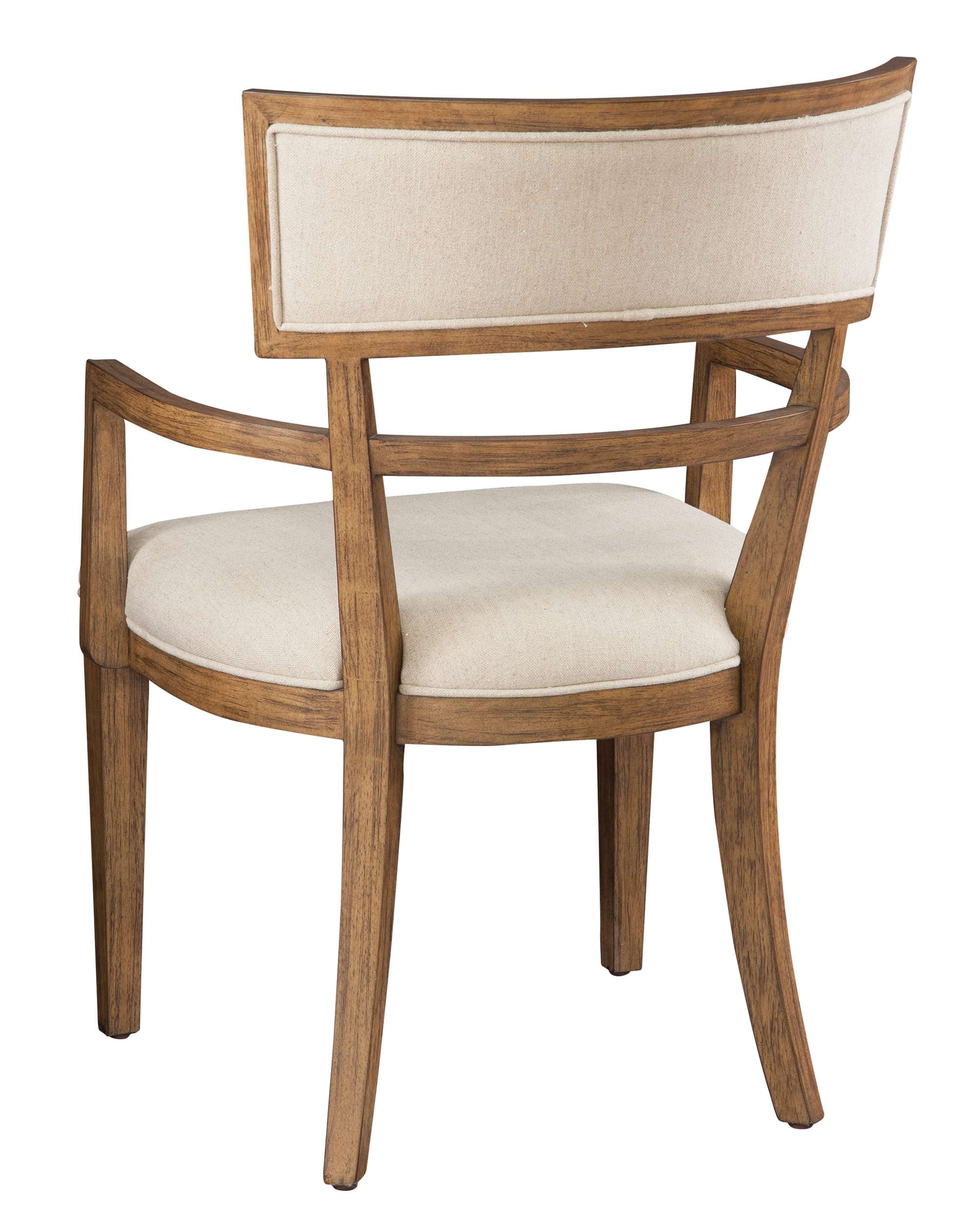 Bedford Park dining arm chair with heavyweight linen upholstery, solid wood frame, and Bedford finish