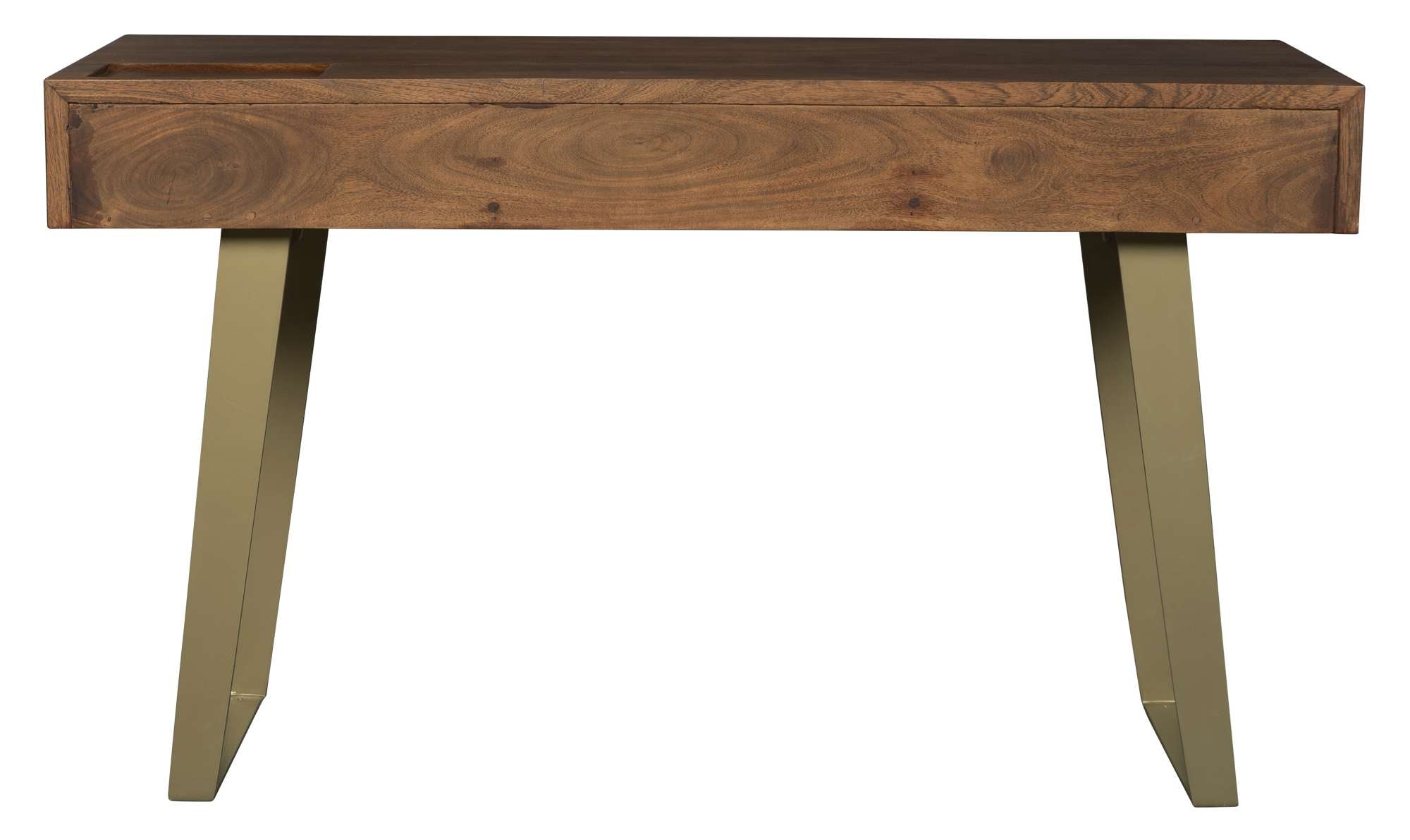 Solid acacia wood desk with decorative spline drawer faces and brass powder-coated iron legs in modern design