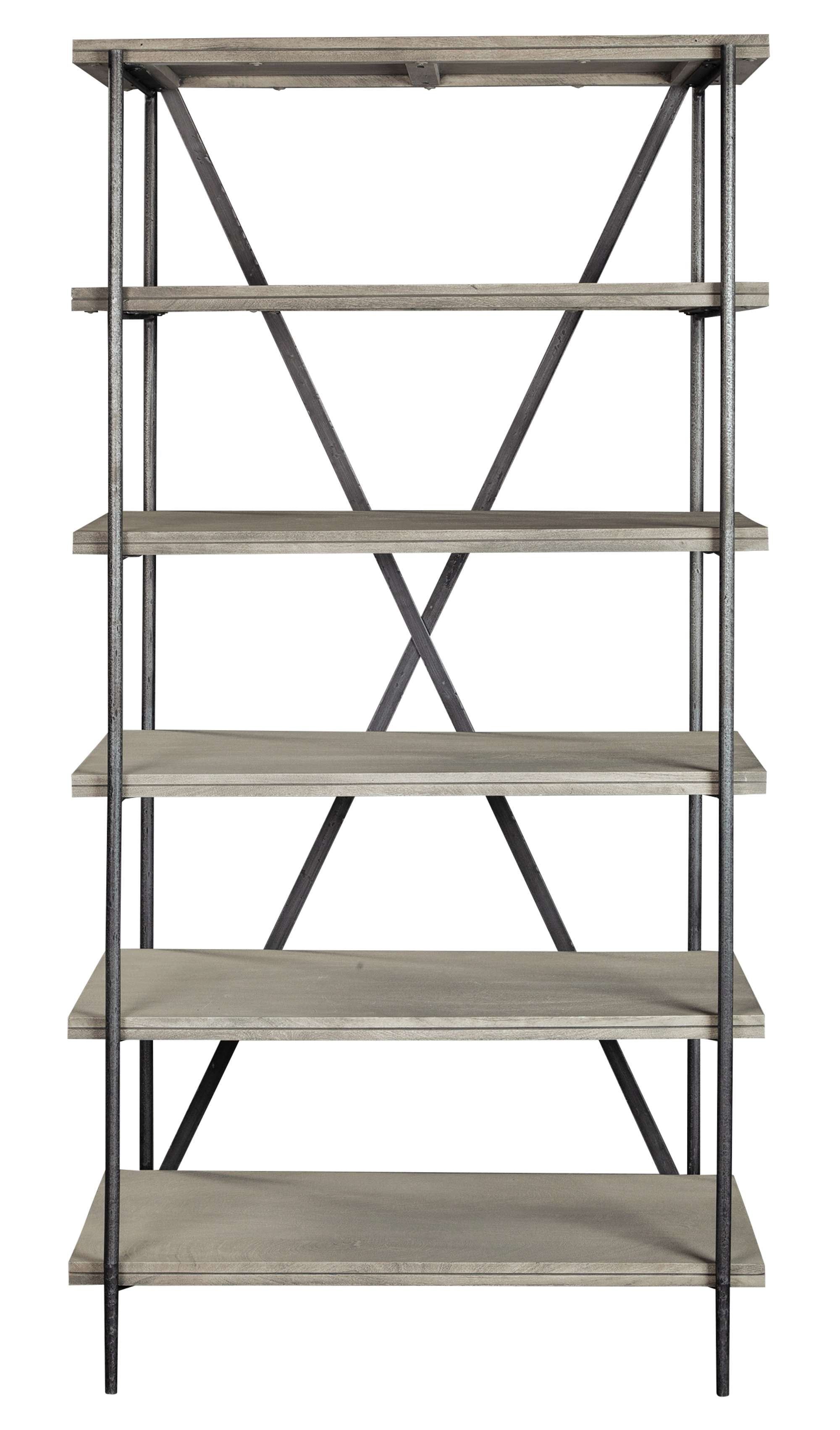 Bedford Park open shelving with gray wood shelves and black metal frame in industrial and traditional style design