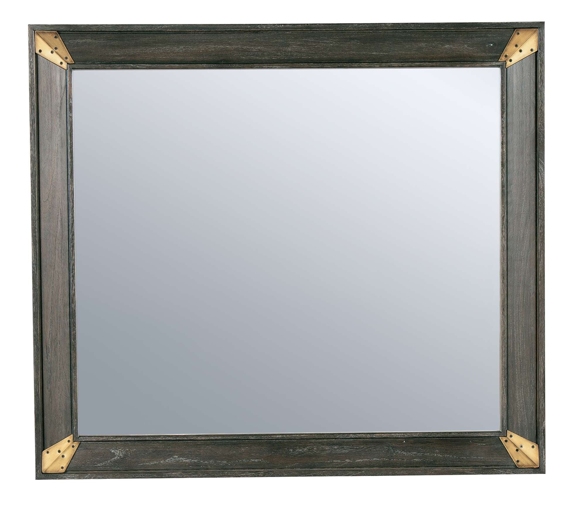 Edgewater mirror with beveled oak veneer frame, brass metal corner brackets, and beveled glass mirrored plate, 39.5 inches wide